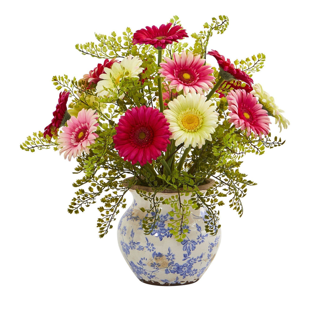 17” Silk Gerber Daisy and Silk Maiden Hair Flower Arrangement in Vase