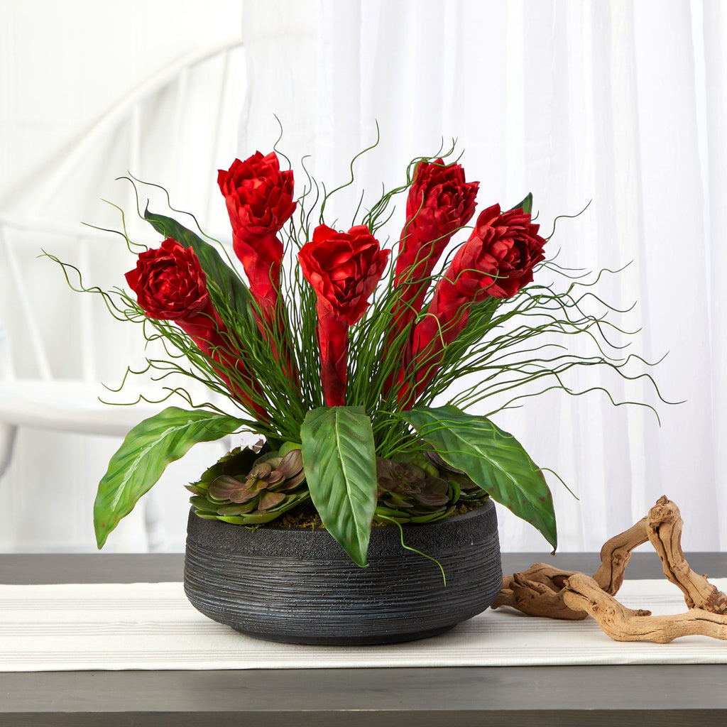 17” Ginger and Echeveria Succulent Artificial Plant in Decorative Bowl