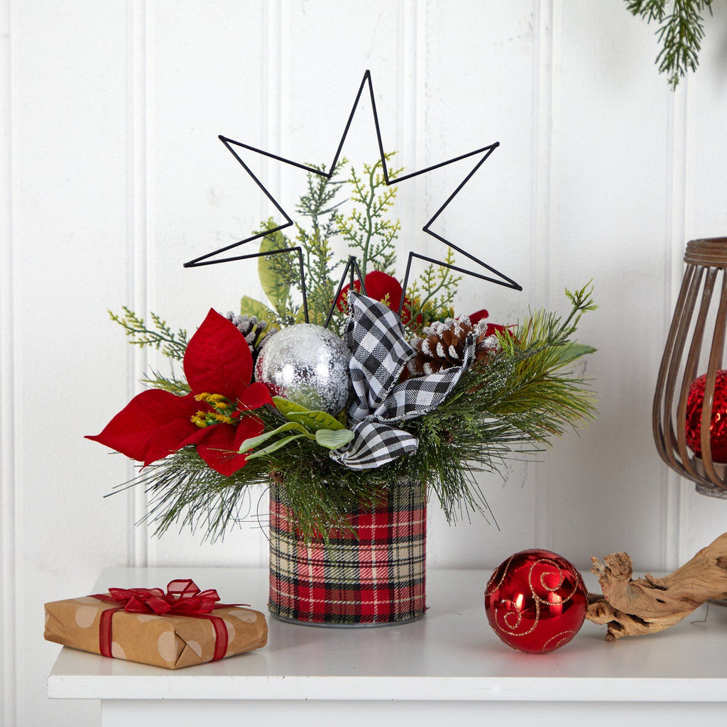 17” Holiday Winter Poinsettia, Greenery and Pinecones with North Star Plaid Table Arrangement