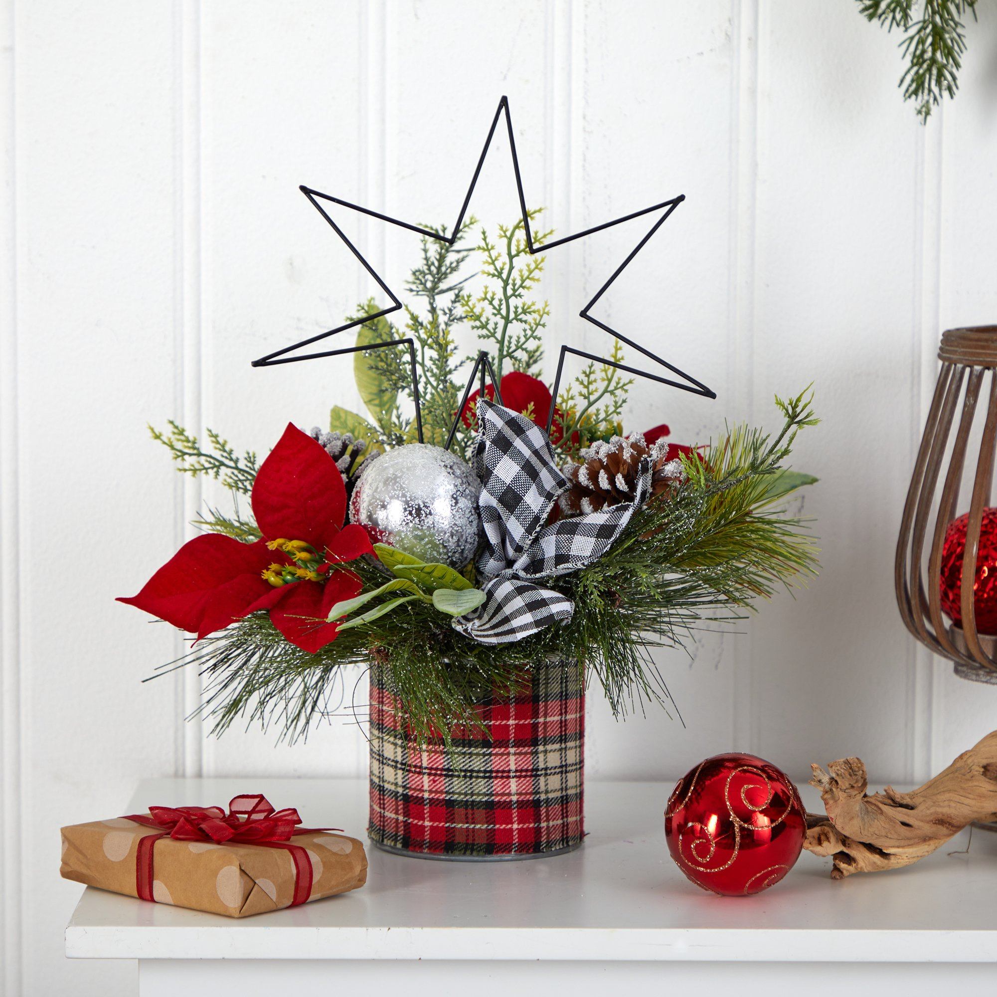 17” Holiday Winter Poinsettia, Greenery and Pinecones with North Star Plaid Table Arrangement