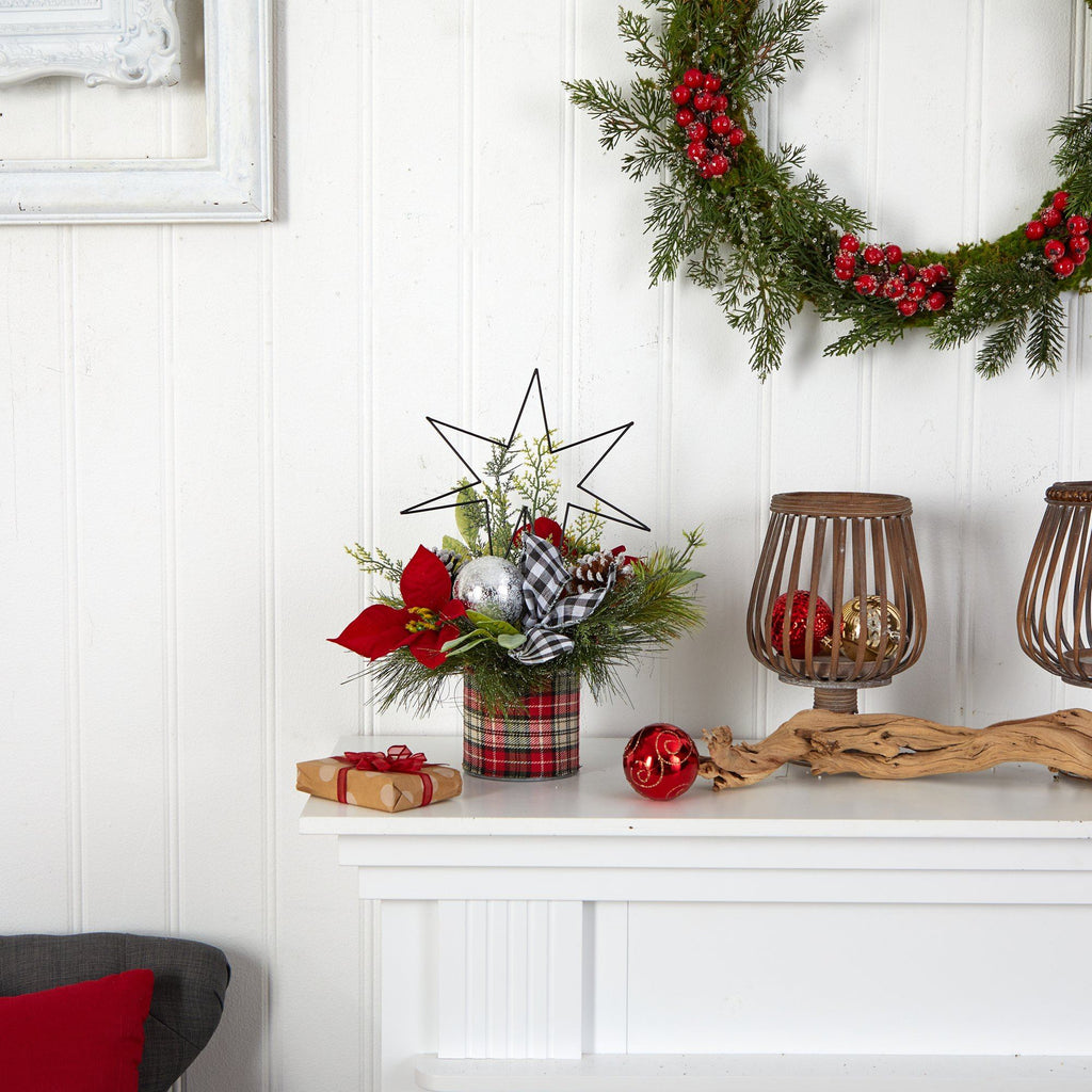 17” Holiday Winter Poinsettia, Greenery and Pinecones with North Star Plaid Table Arrangement