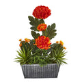17” Mum and Succulent Artificial Arrangement in Embossed Tin Vase