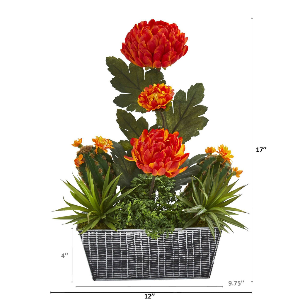 17” Mum and Succulent Artificial Arrangement in Embossed Tin Vase