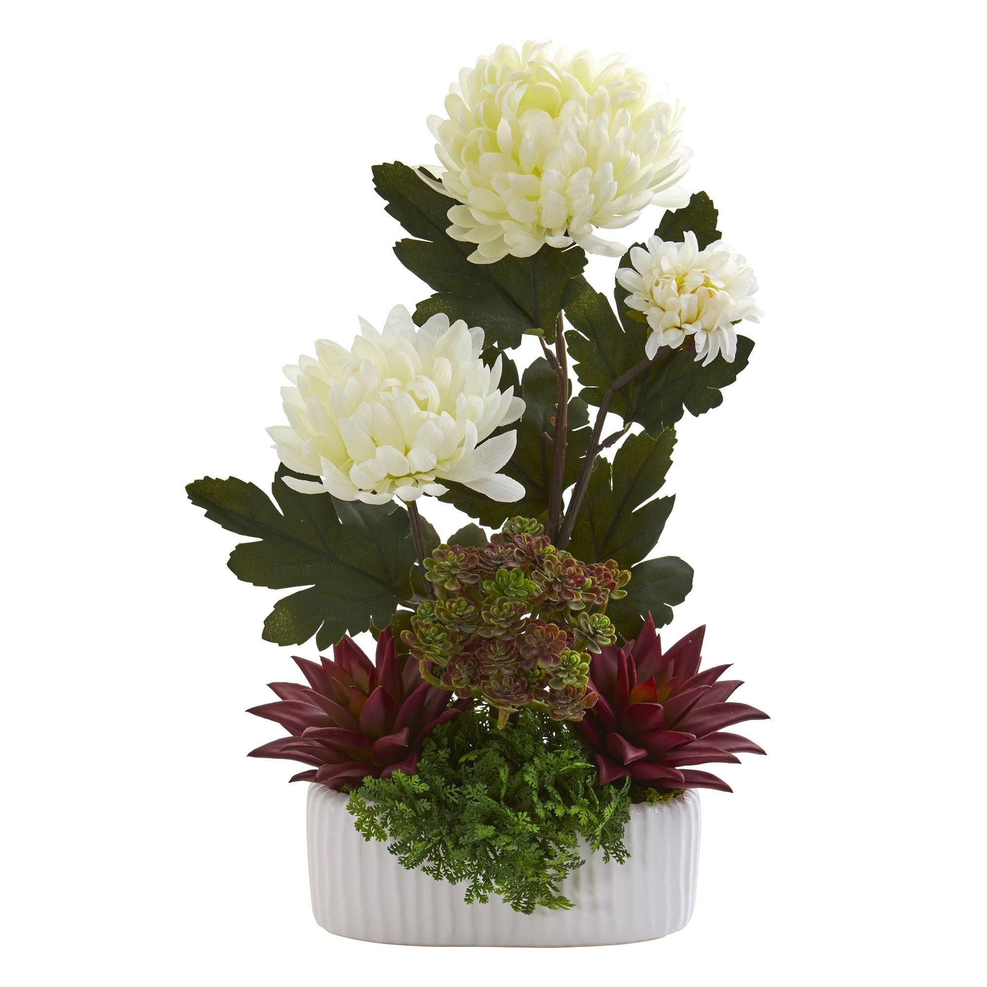 17” Mum and Succulent Artificial Arrangement in White Vase
