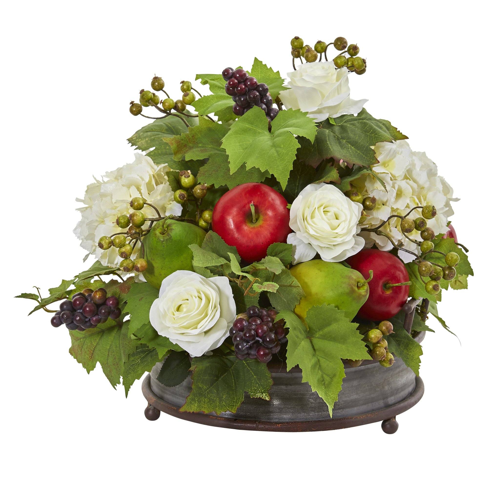 17” Rose, Hydrangea and Faux Fruits Artificial Arrangement in Metal Tray