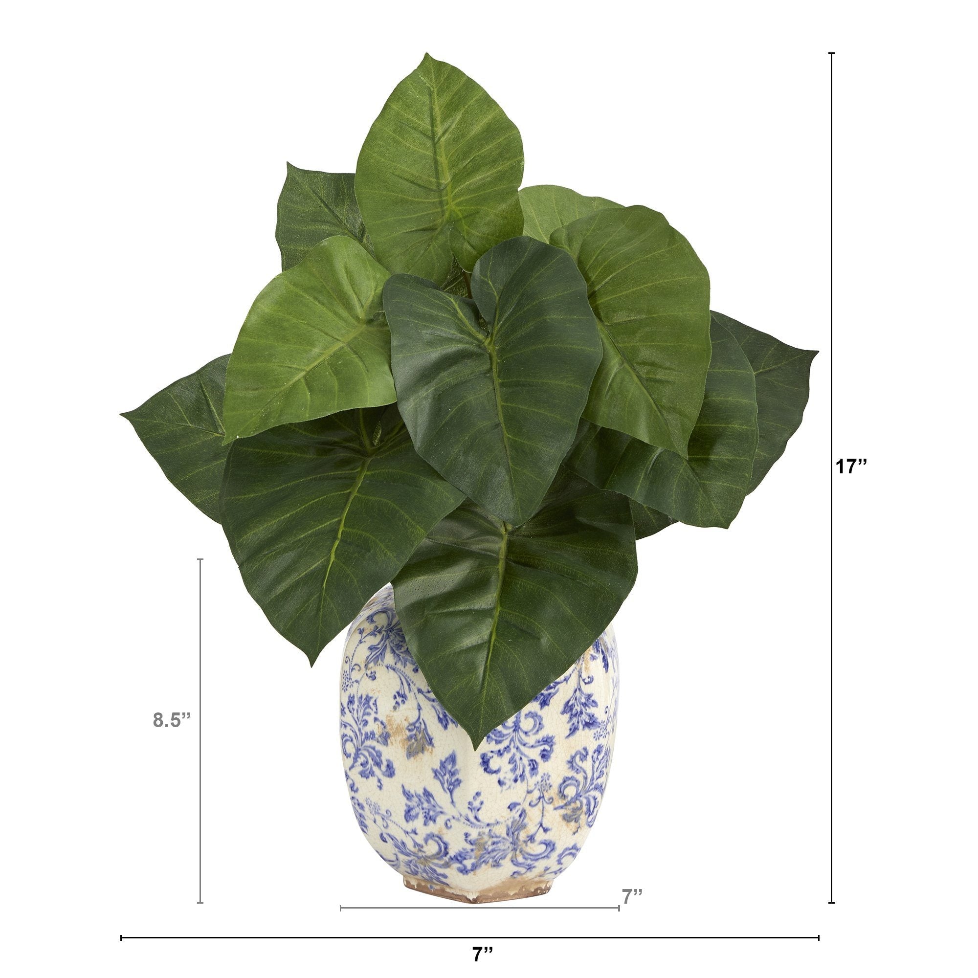 17” Taro Artificial Plant in Blue and White Print Planter