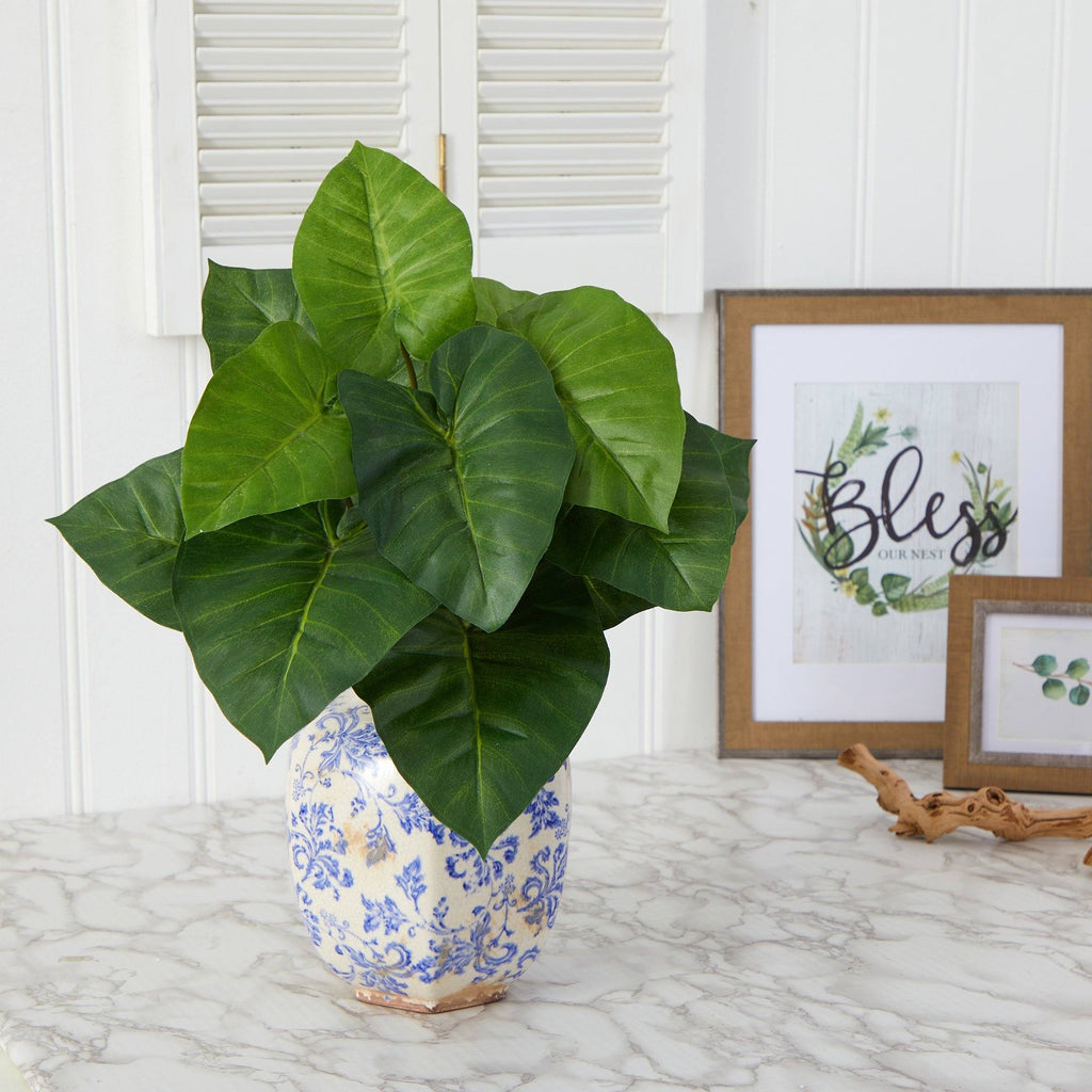 17” Taro Artificial Plant in Blue and White Print Planter