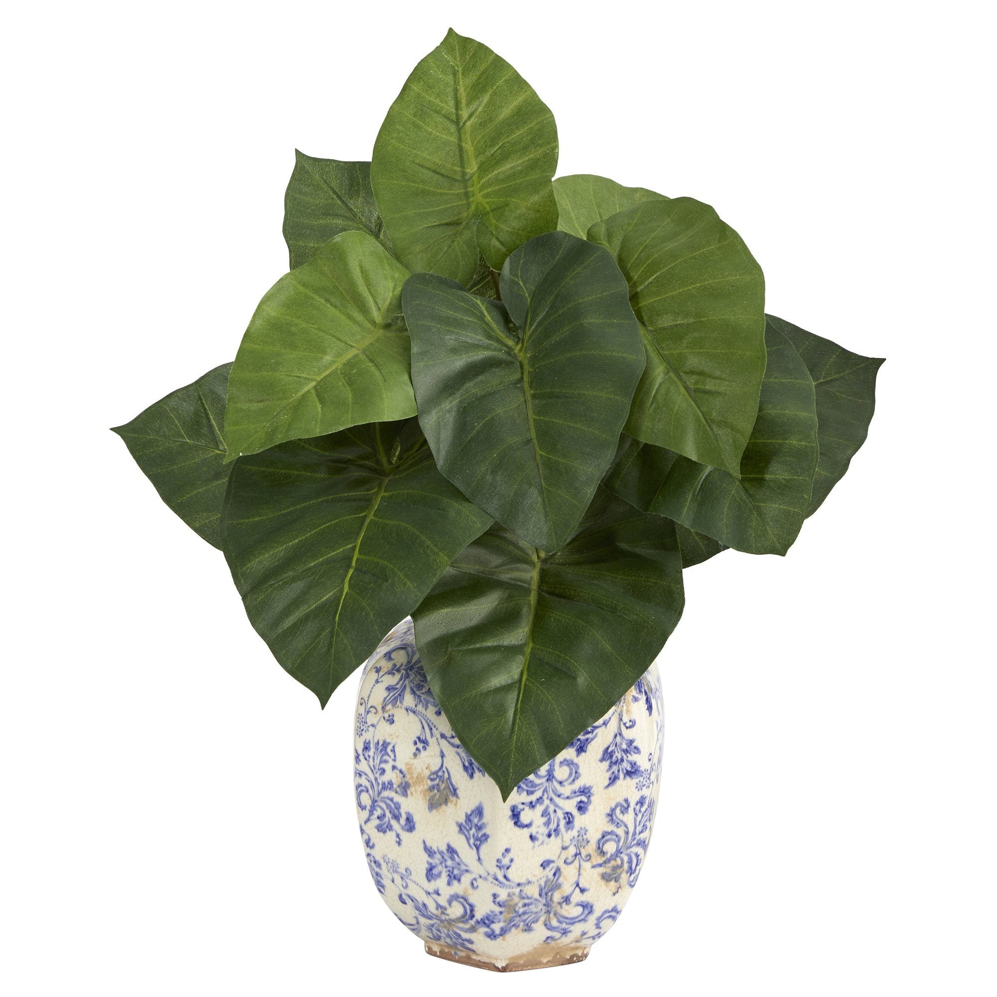 17” Taro Artificial Plant in Blue and White Print Planter