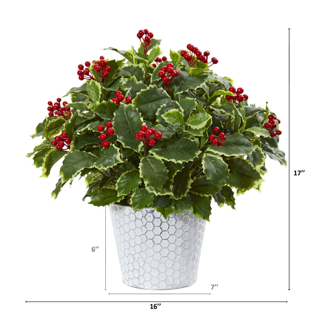 17” Variegated Holly Leaf Artificial Plant in Decorative Planter (Real Touch)