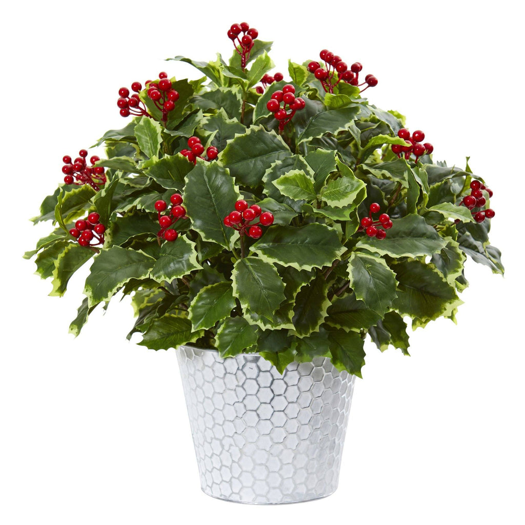 17” Variegated Holly Leaf Artificial Plant in Decorative Planter (Real Touch)