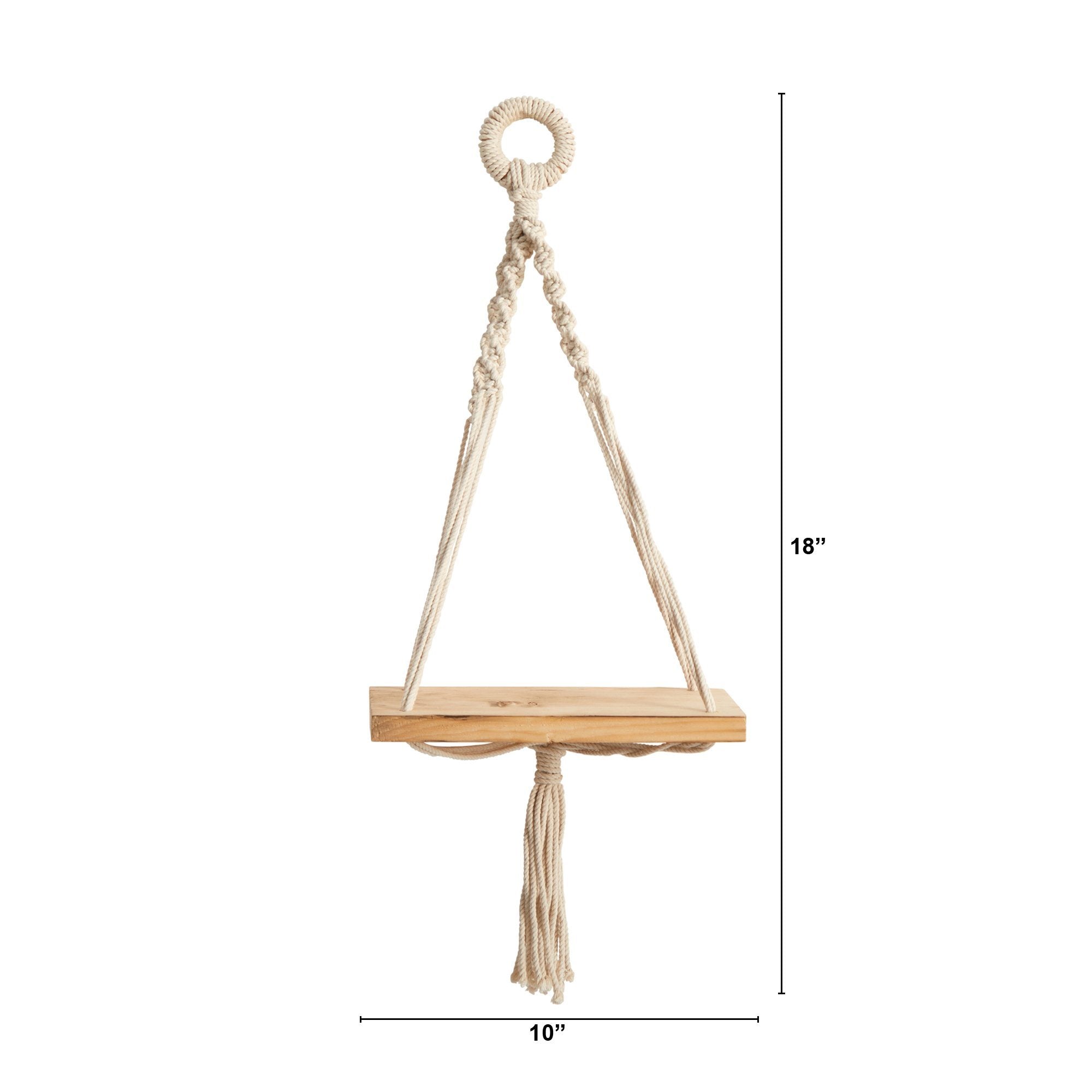 18" Boho Chic Wood Macrame Single Shelf Wall Art Decor"