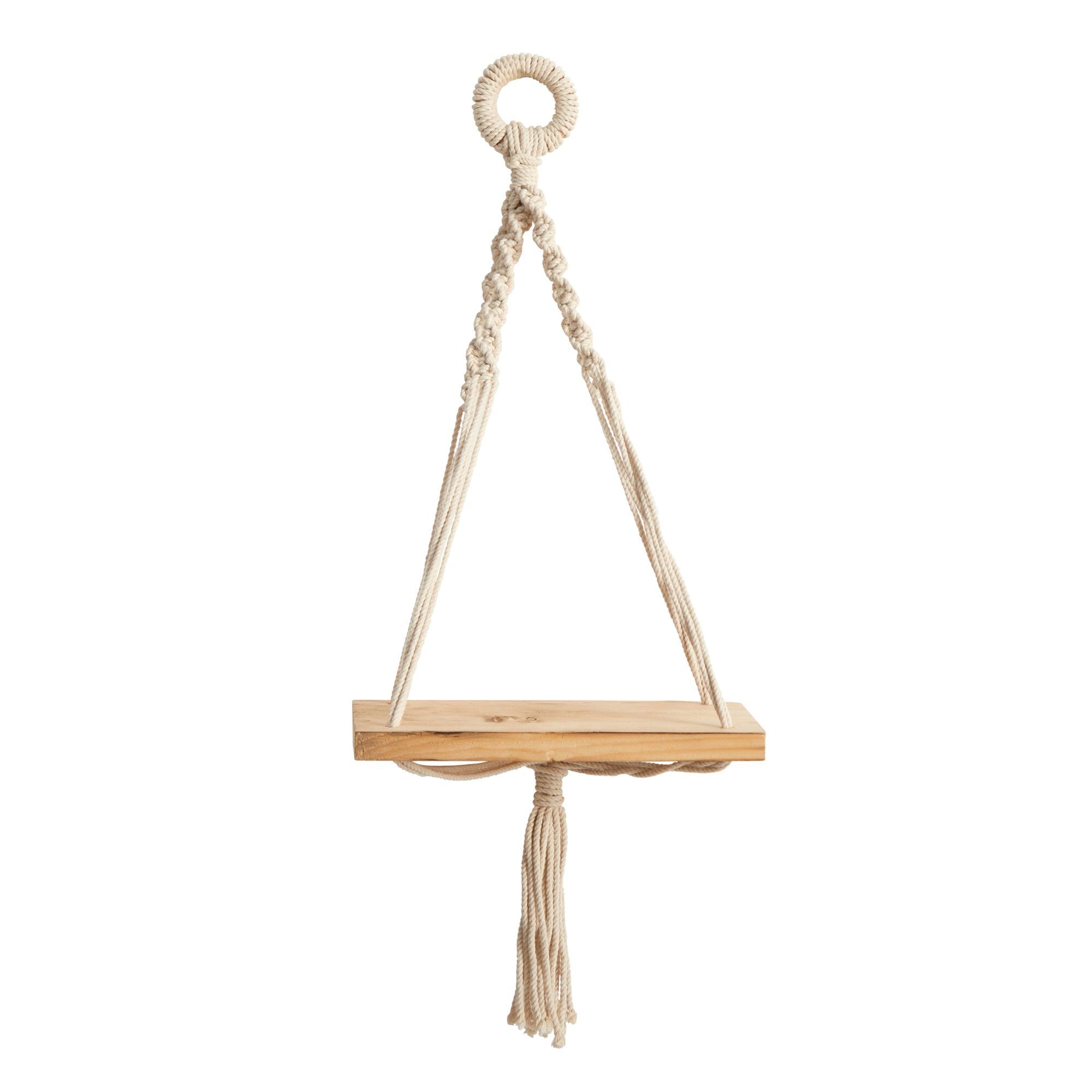 18" Boho Chic Wood Macrame Single Shelf Wall Art Decor"