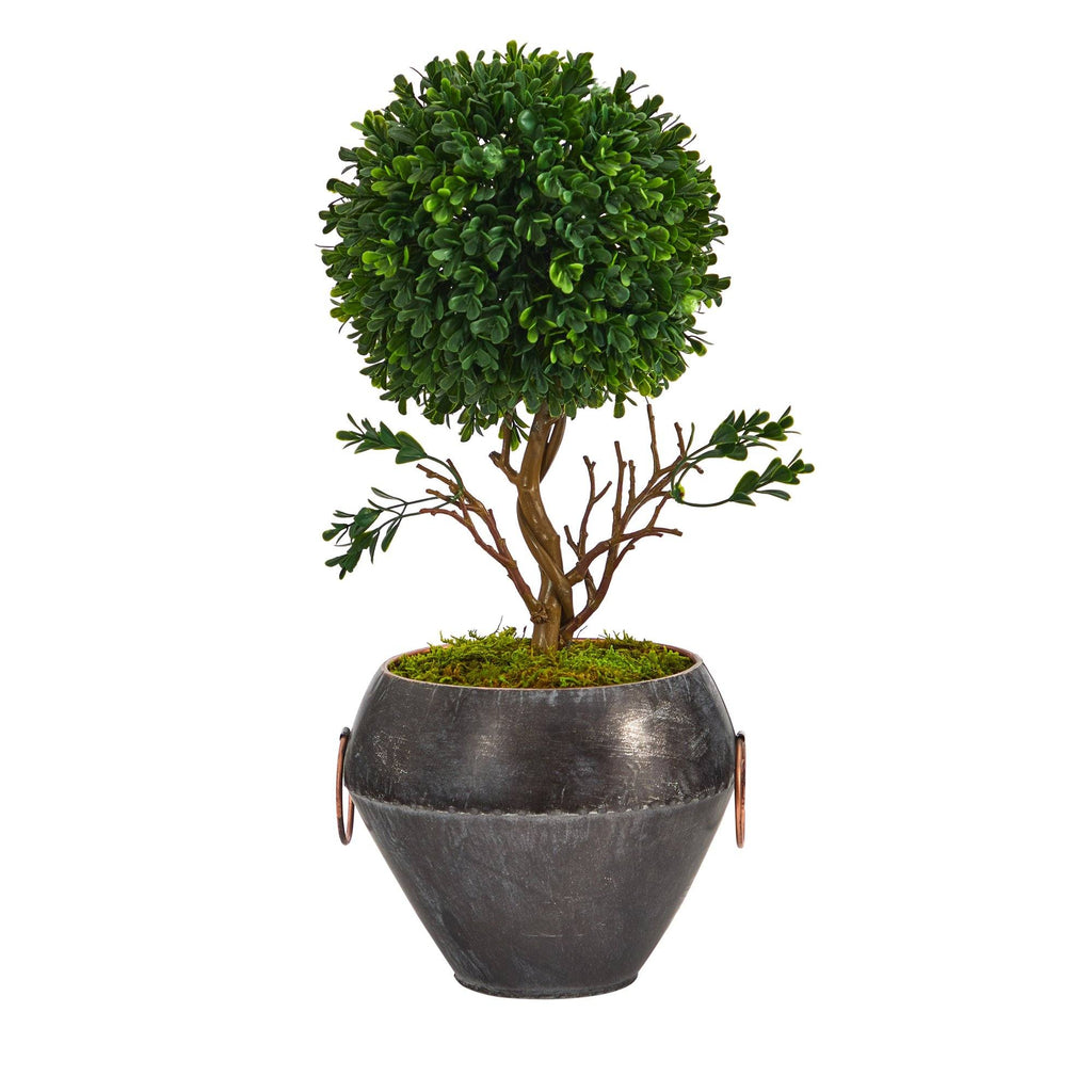 18” Boxwood Topiary Artificial Tree in Metal Bowl (Indoor/Outdoor)