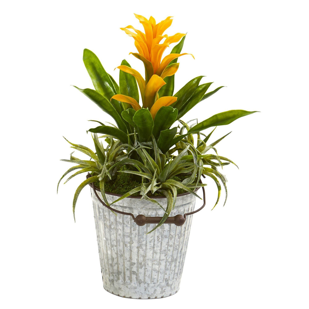18” Bromeliad and Succulent Artificial Plant in Metal Bucket