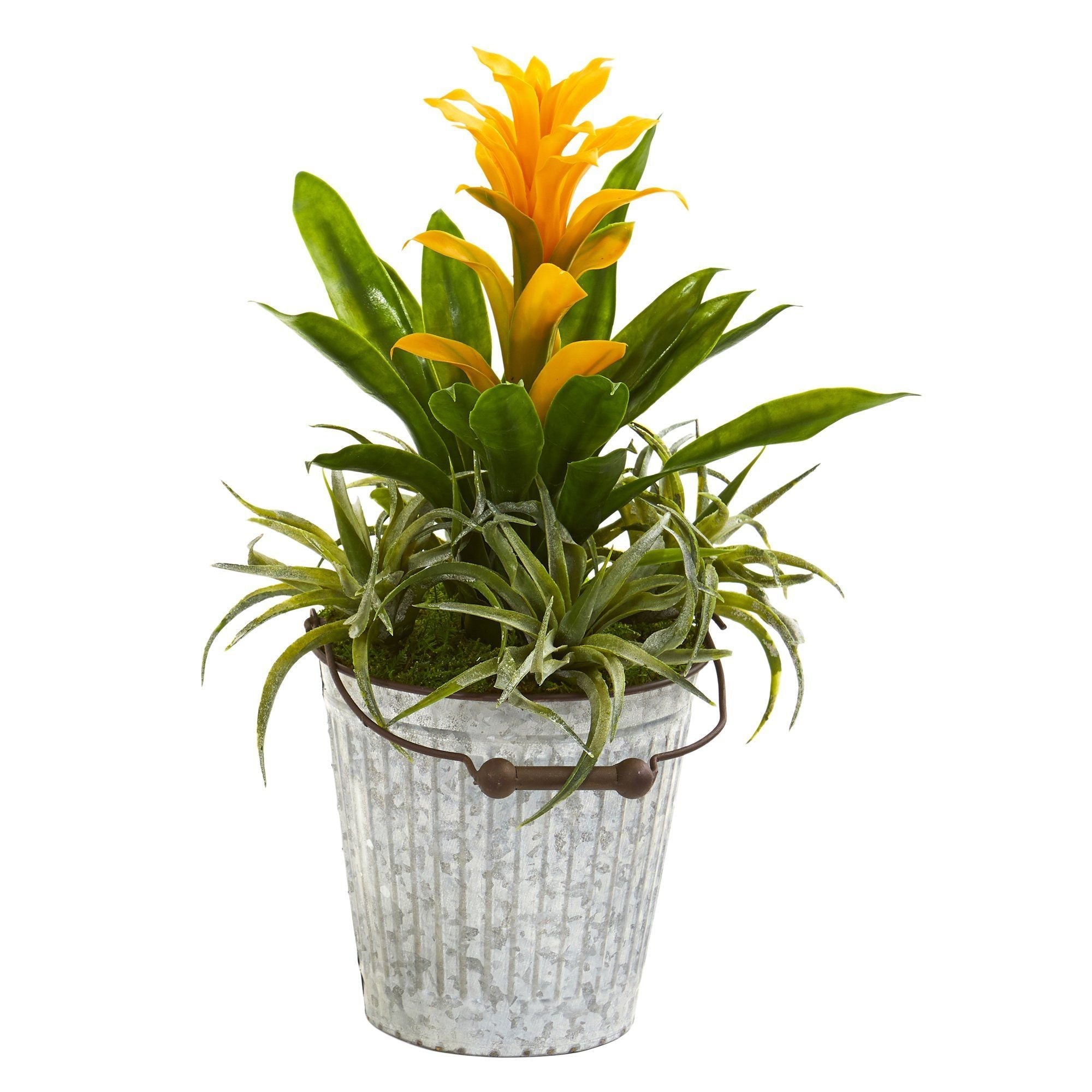 18” Bromeliad and Succulent Artificial Plant in Metal Bucket