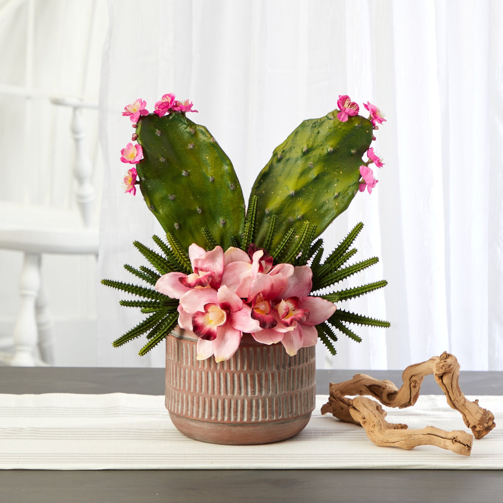 18” Cymbidium Orchid and Cactus Artificial Arrangement in Stoneware Vase