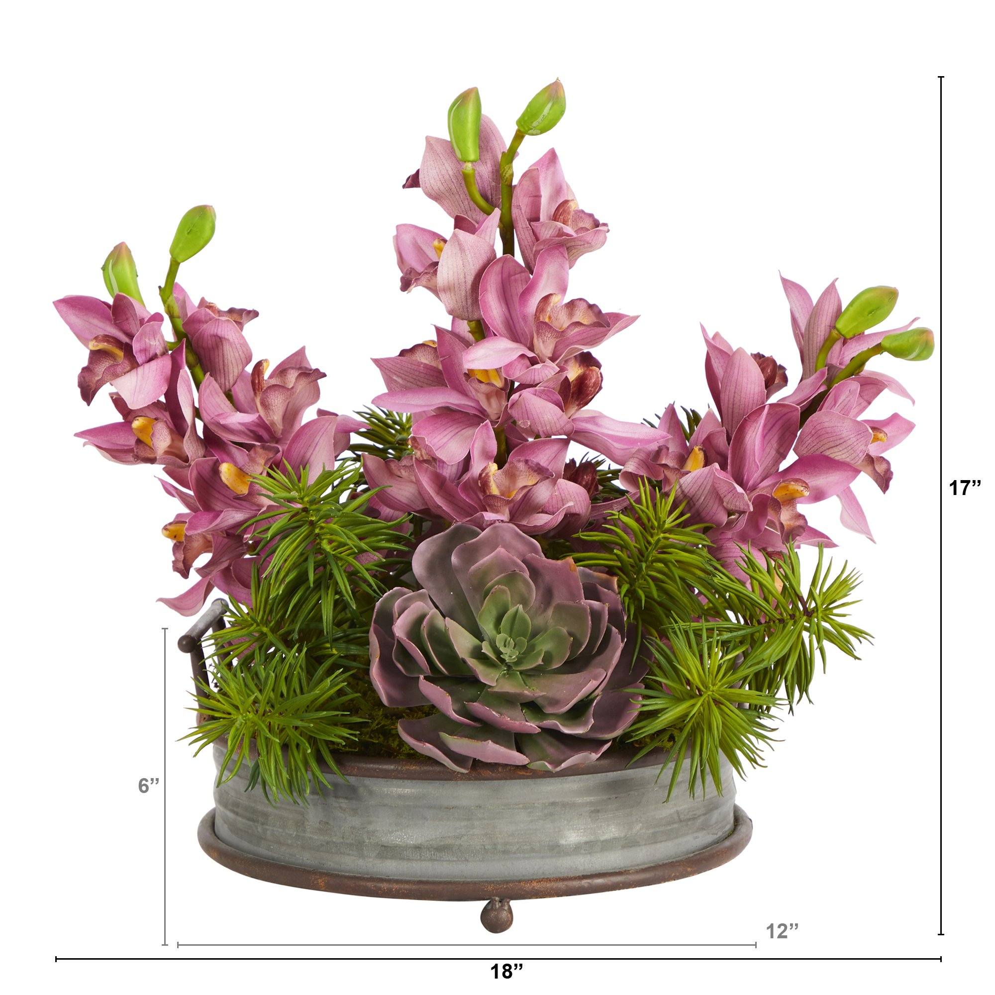 18” Cymbidium Orchid and Echeveria Succulent Artificial Arrangement in Metal Tray with Copper Trimming
