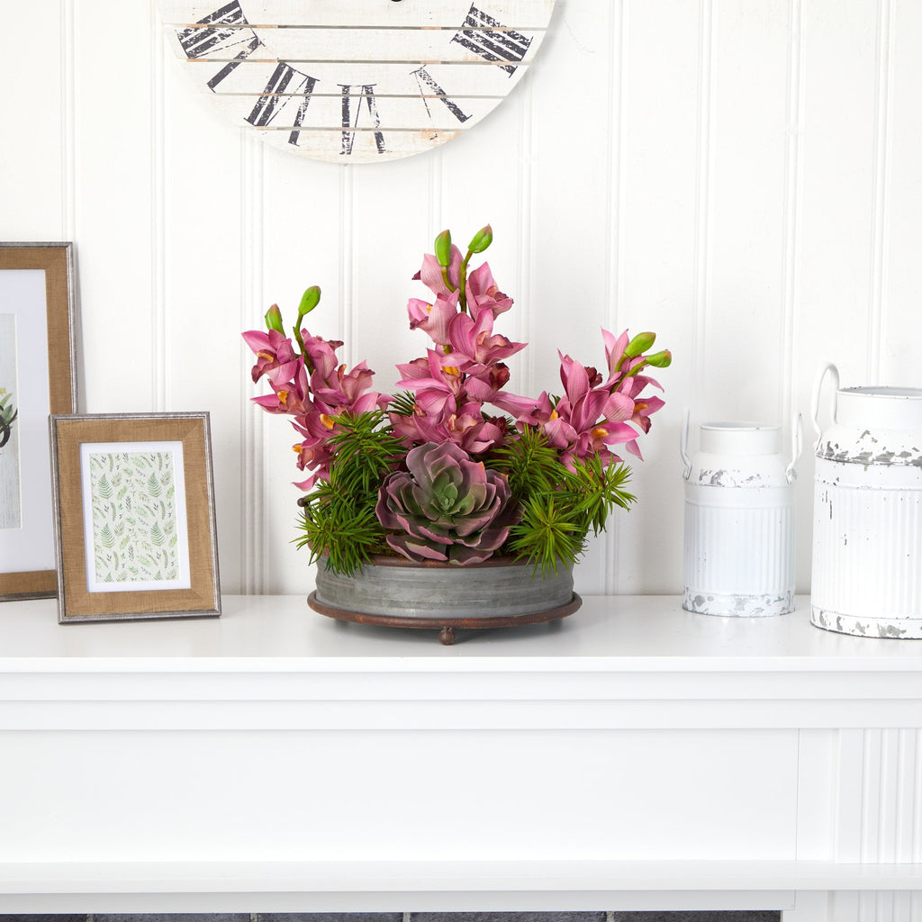 18” Cymbidium Orchid and Echeveria Succulent Artificial Arrangement in Metal Tray with Copper Trimming