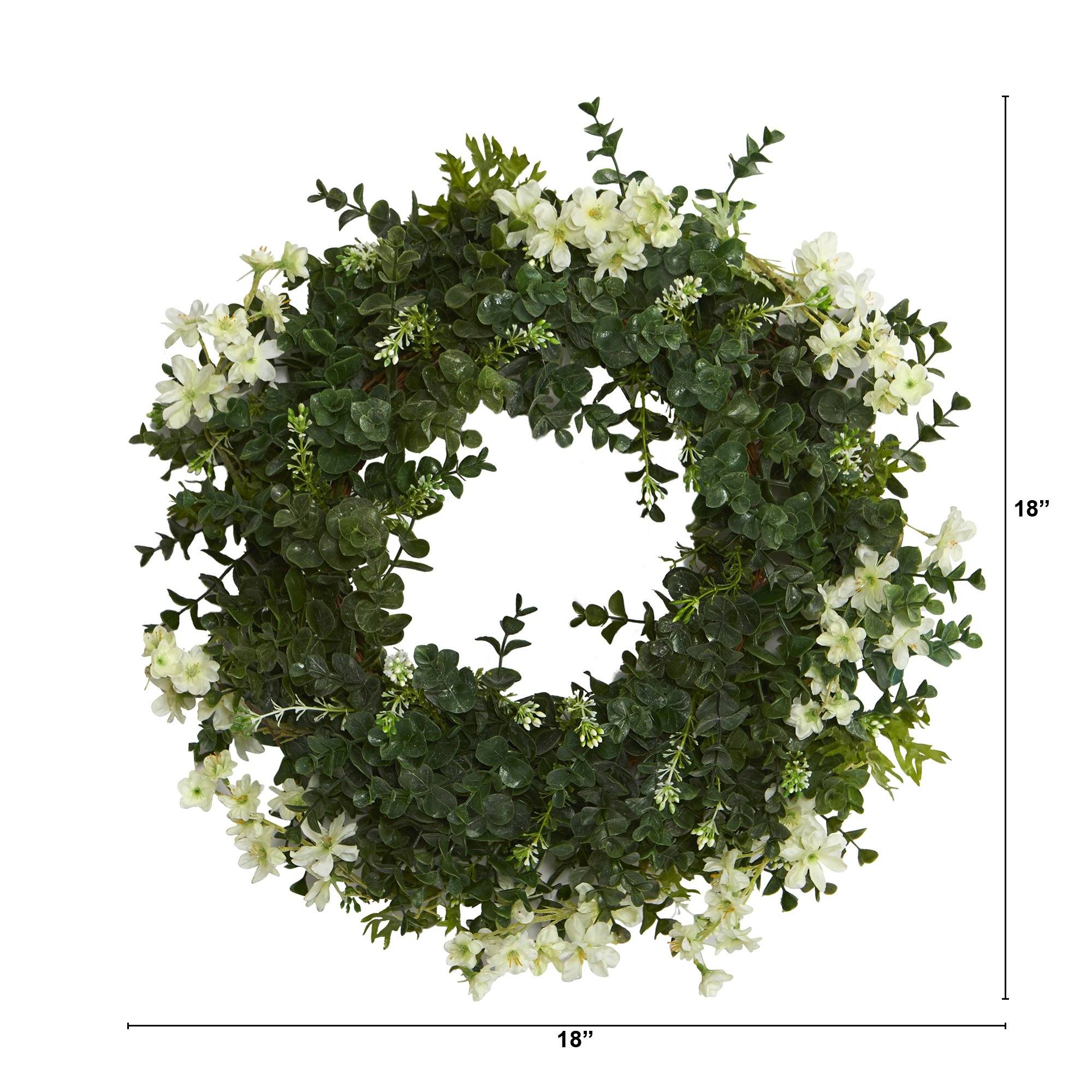 18” Eucalyptus and Dancing Daisy Double Ring Artificial Wreath with Twig Base