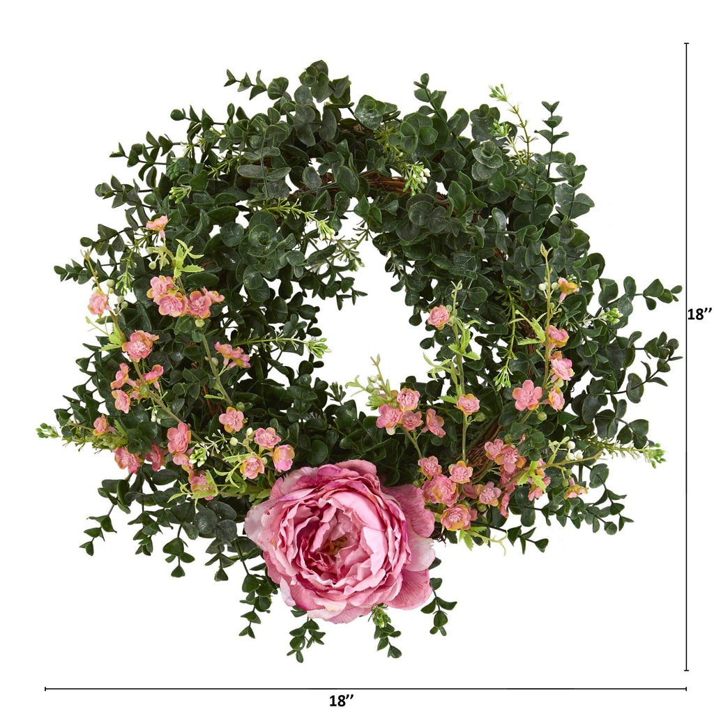 18” Eucalyptus, Cherry Blossom and Peony Double Ring Artificial Wreath With Twig Base