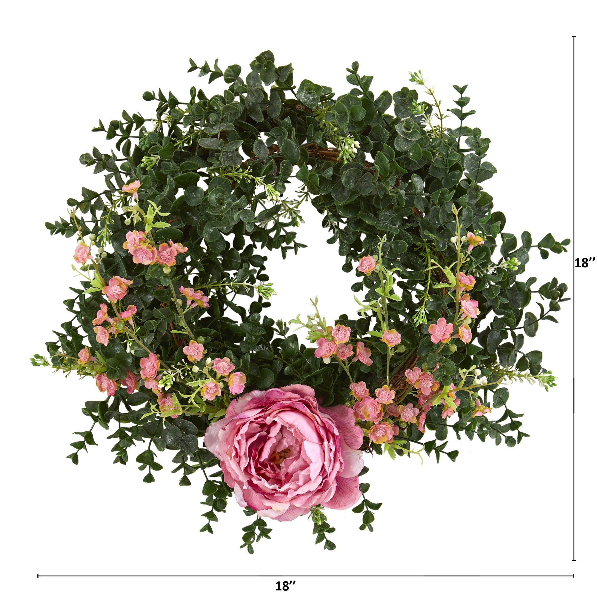 18” Eucalyptus, Cherry Blossom and Peony Double Ring Artificial Wreath With Twig Base