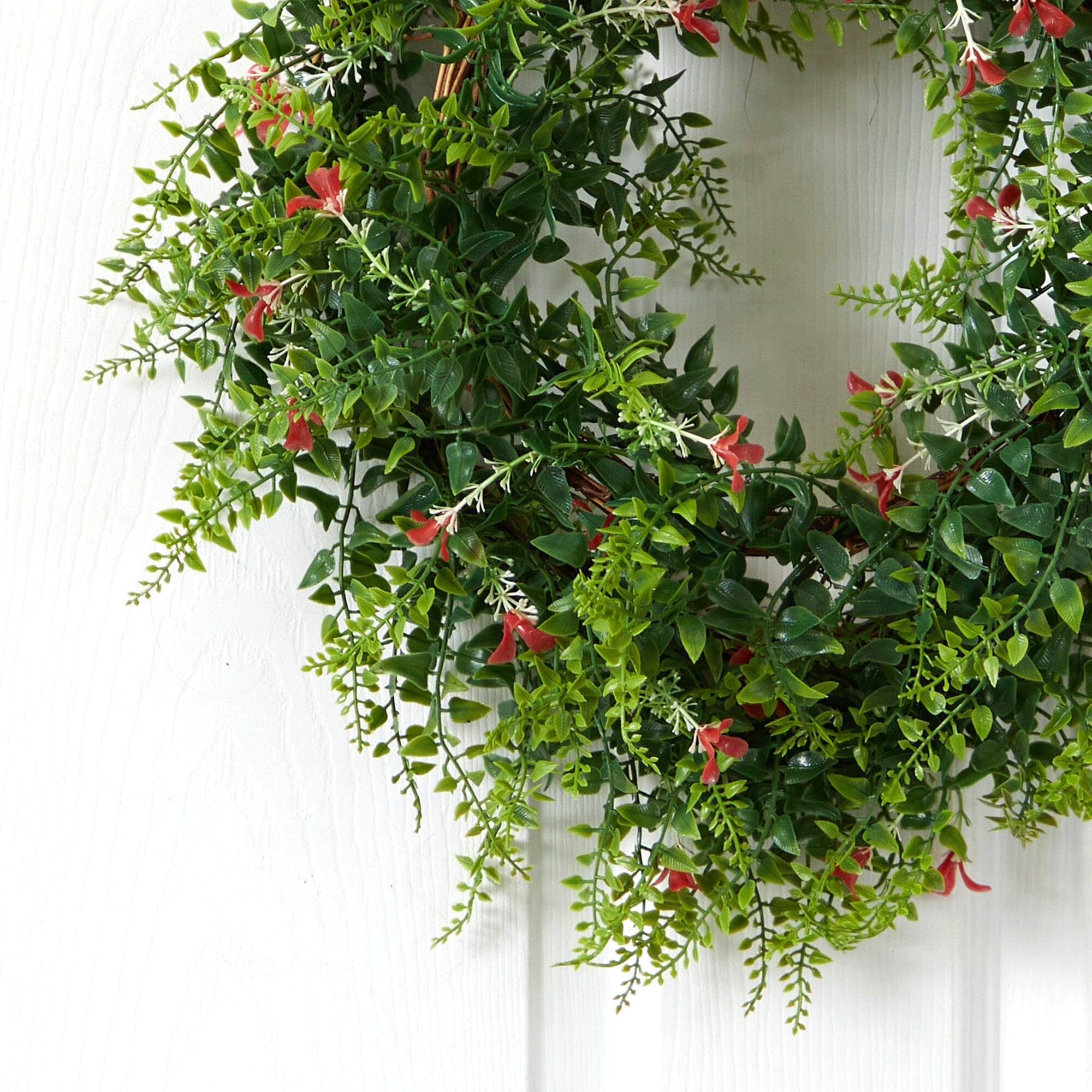 18” Floral & Fern Double Ring Wreath w/Twig Base