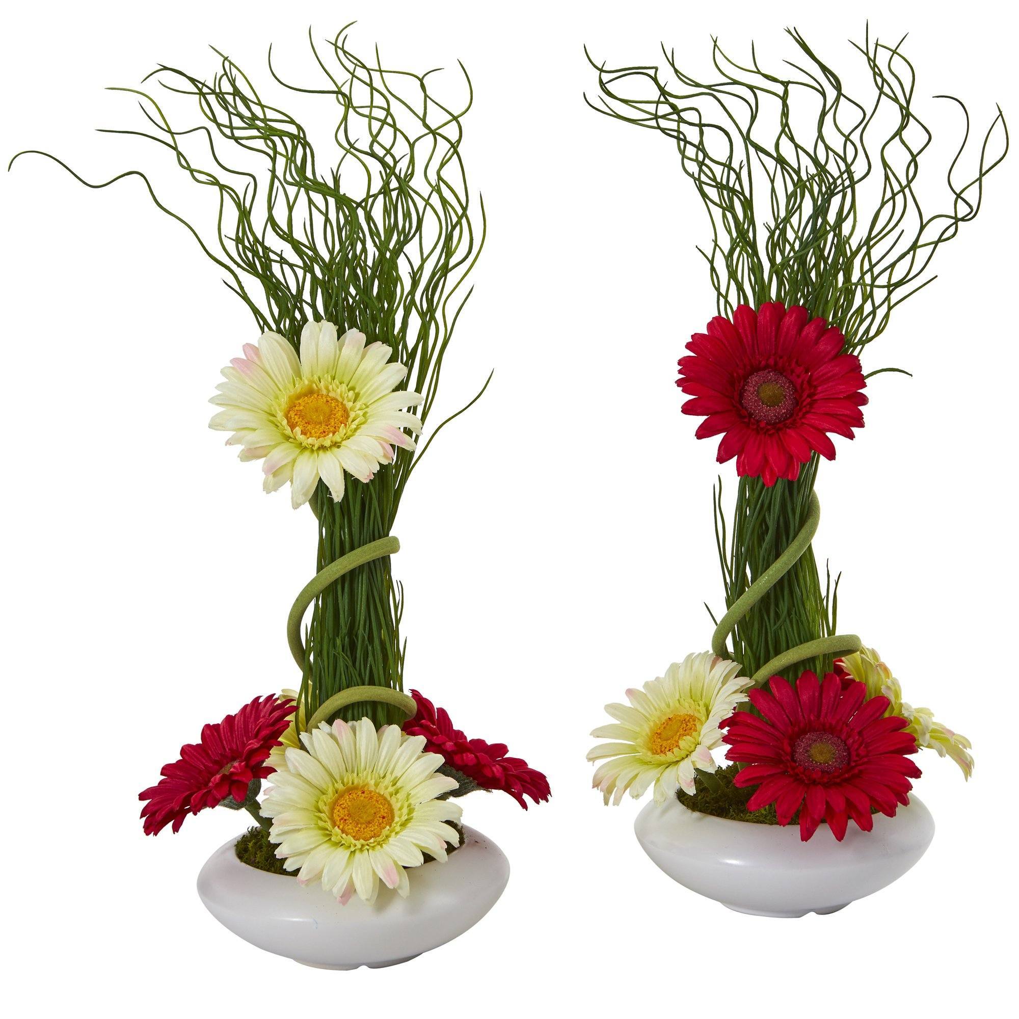 18” Gerber Daisy and Grass Arrangement in Vase (Set of 2)