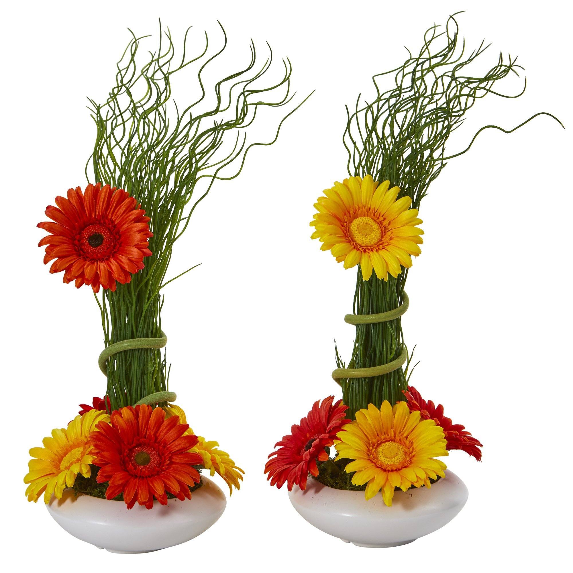 18” Gerber Daisy and Grass Arrangement in Vase (Set of 2)