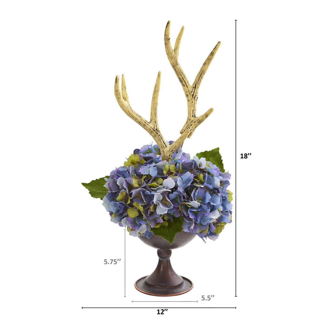 18” Hydrangea and Antlers Artificial Arrangement in Metal Chalice