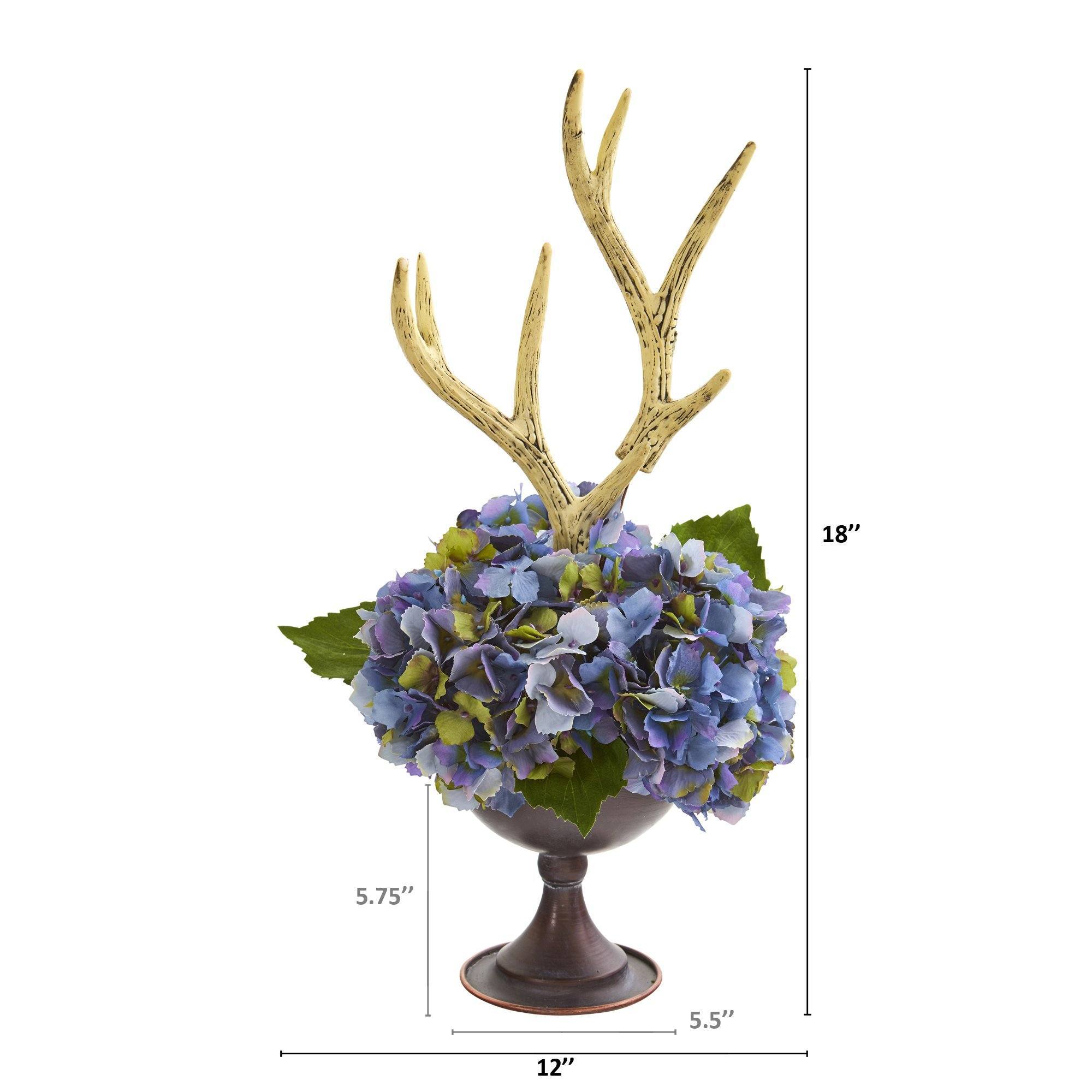18” Hydrangea and Antlers Artificial Arrangement in Metal Chalice