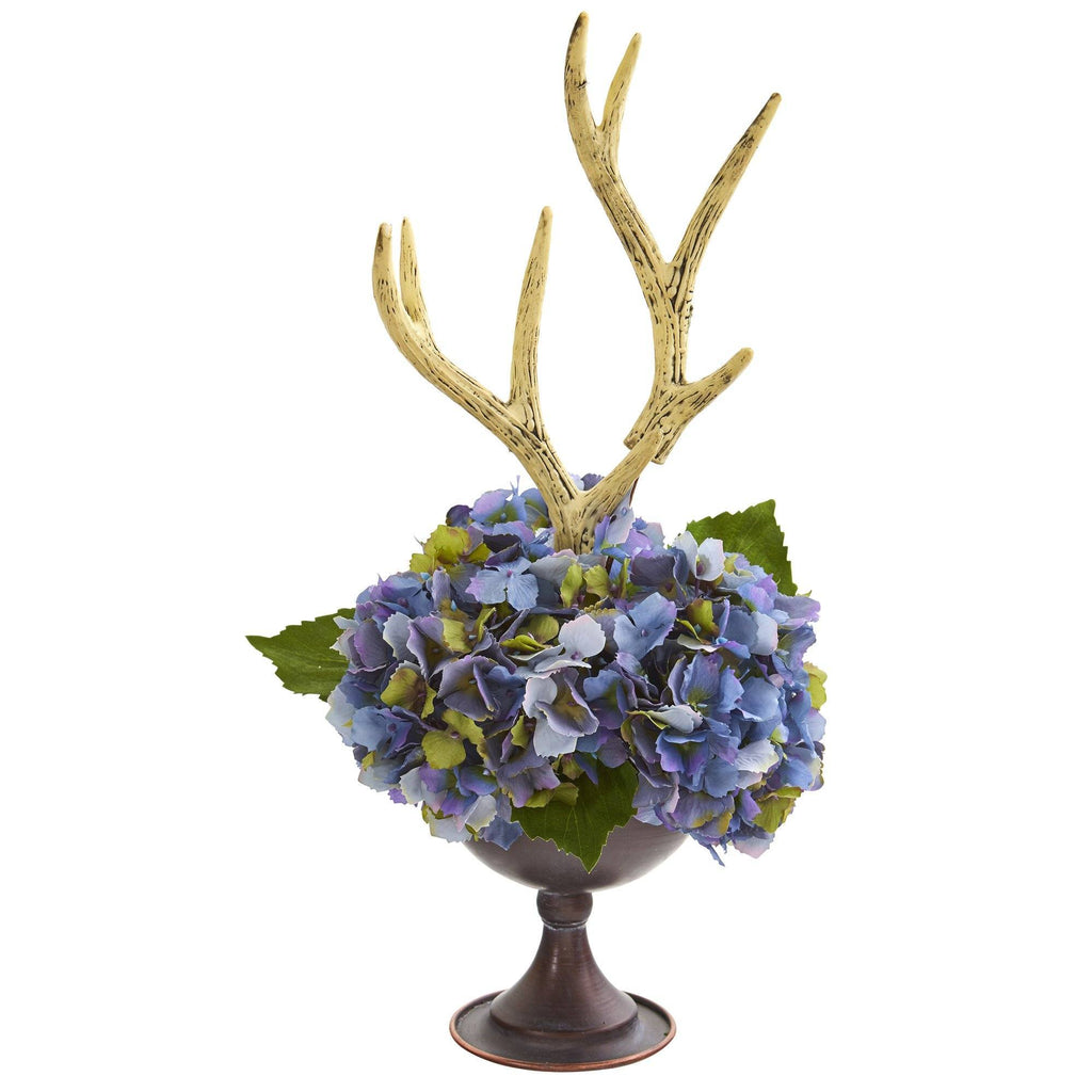 18” Hydrangea and Antlers Artificial Arrangement in Metal Chalice