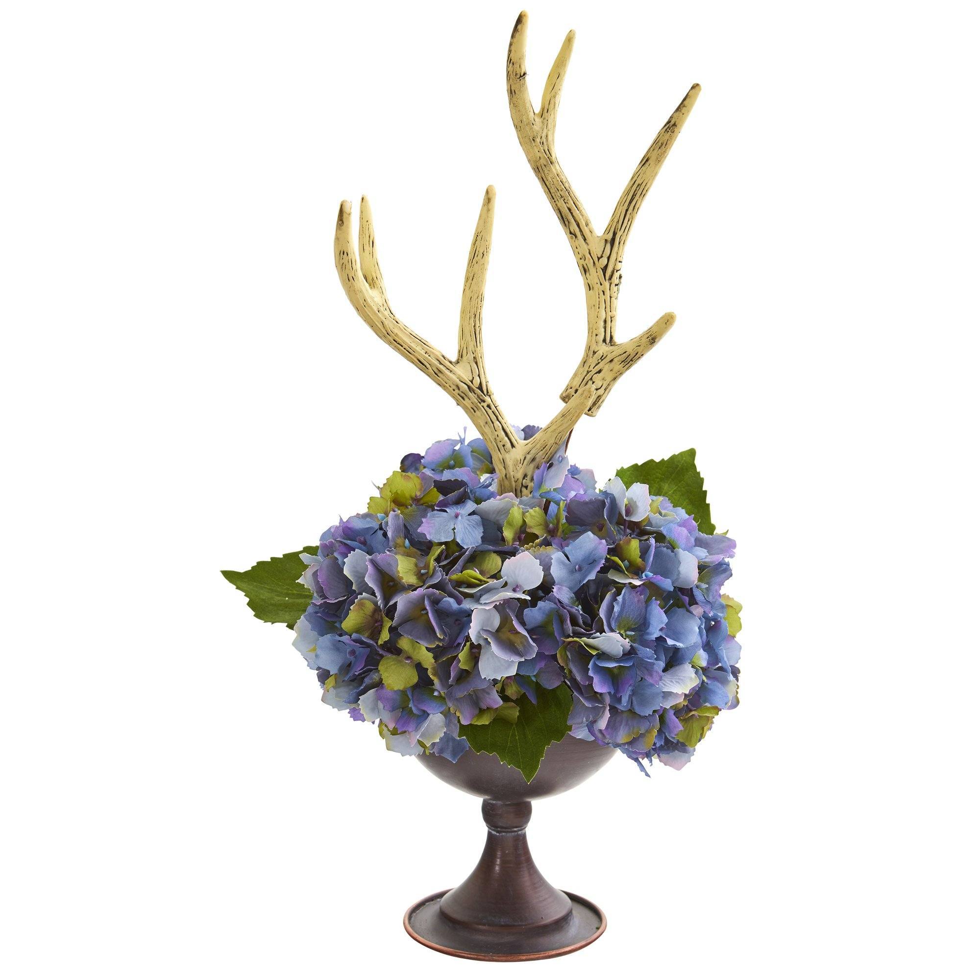 18” Hydrangea and Antlers Artificial Arrangement in Metal Chalice
