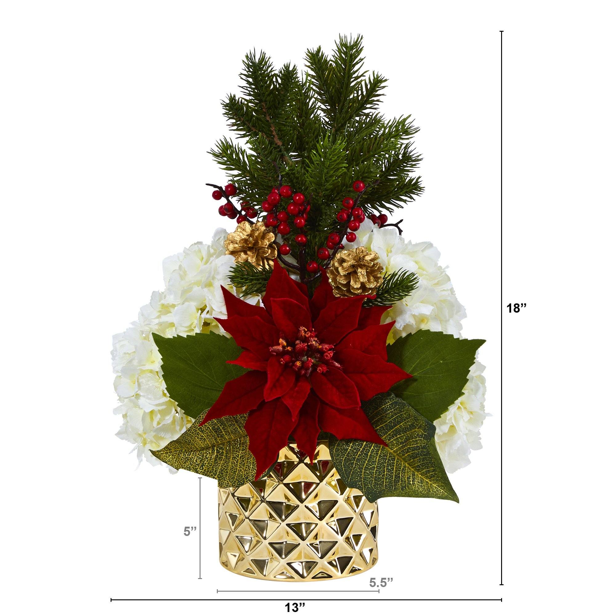 18” Hydrangea, Poinsettia, Berry and Pine Artificial Arrangement in Gold Vase