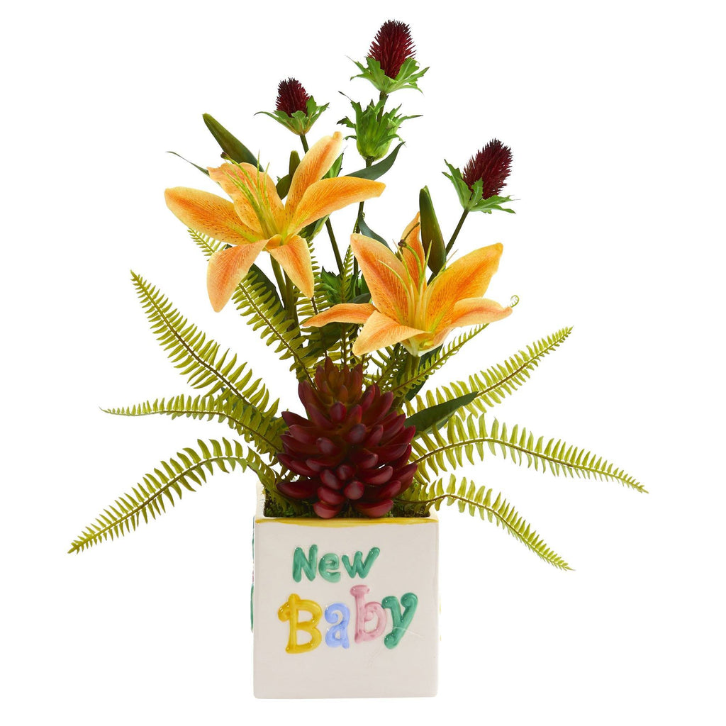 18” Lily, Thistle and Succulent Artificial Arrangement in Vase