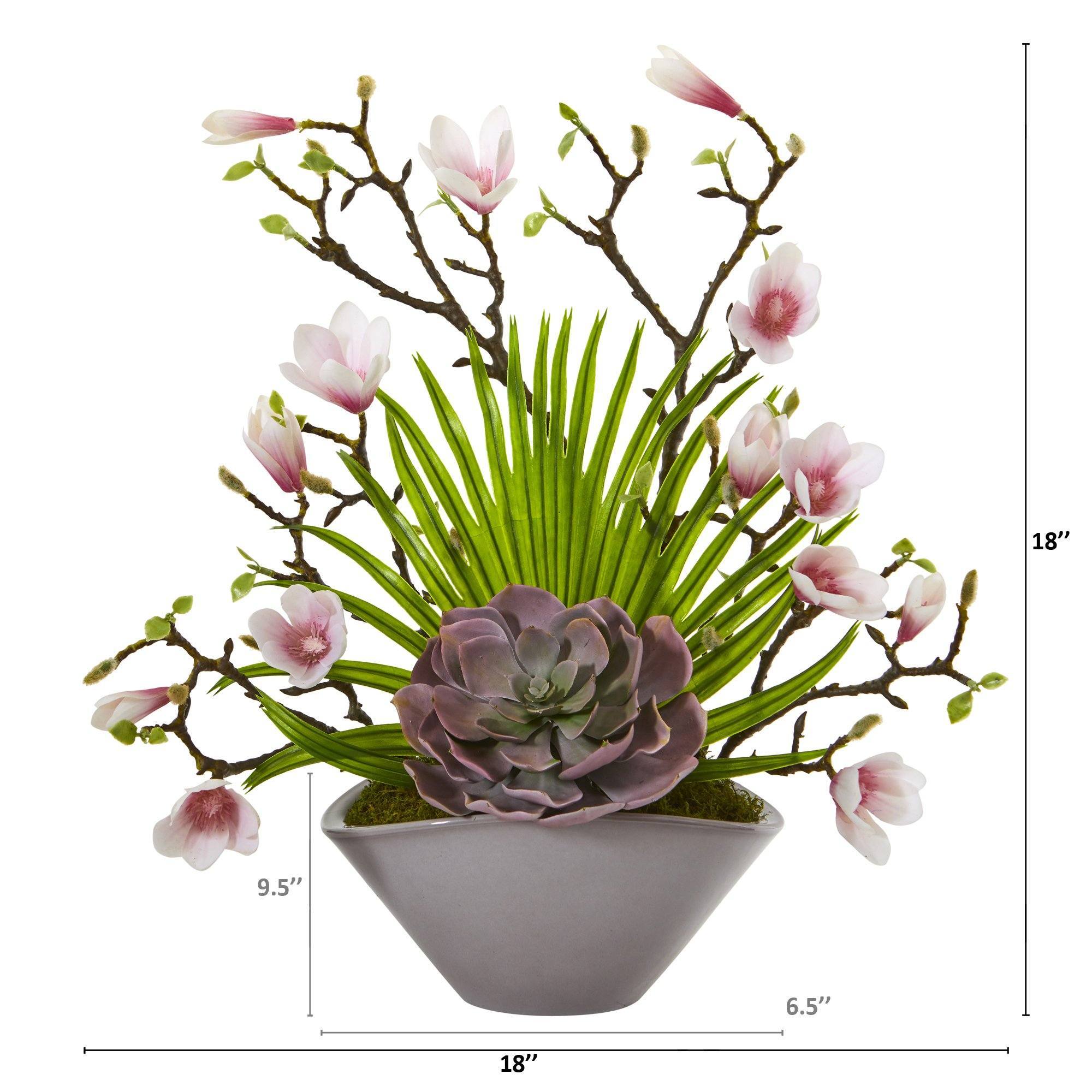 18” Magnolia and Succulent Artificial Arrangement in Vase