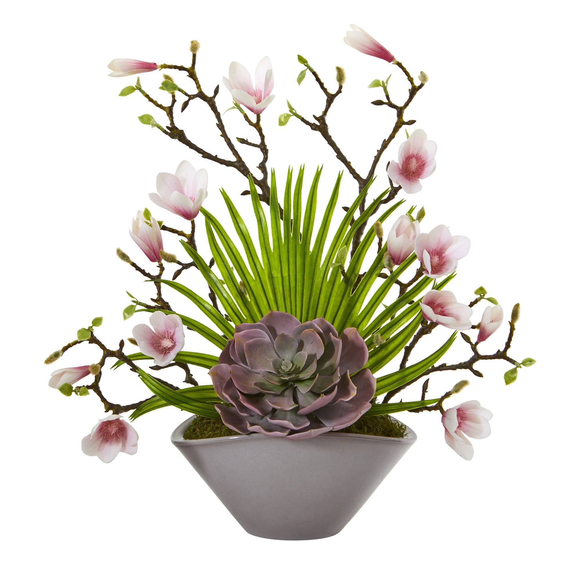 18” Magnolia and Succulent Artificial Arrangement in Vase