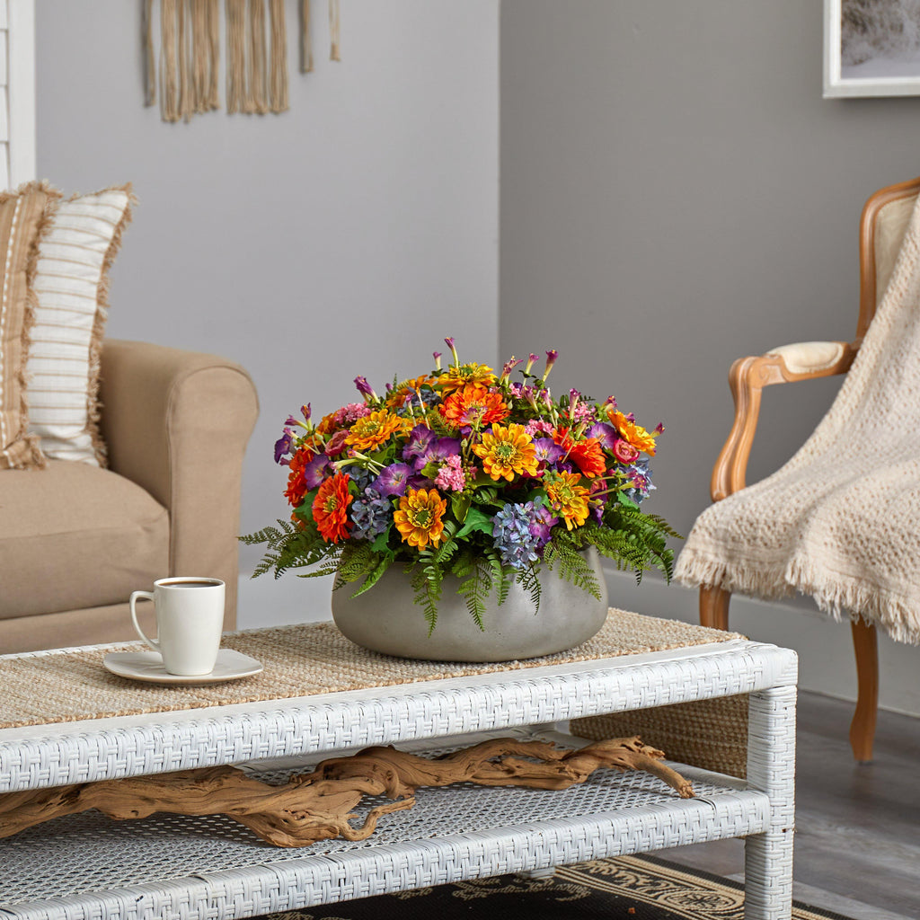 18” Mixed Floral Artificial Plant in Gray Garden Planter