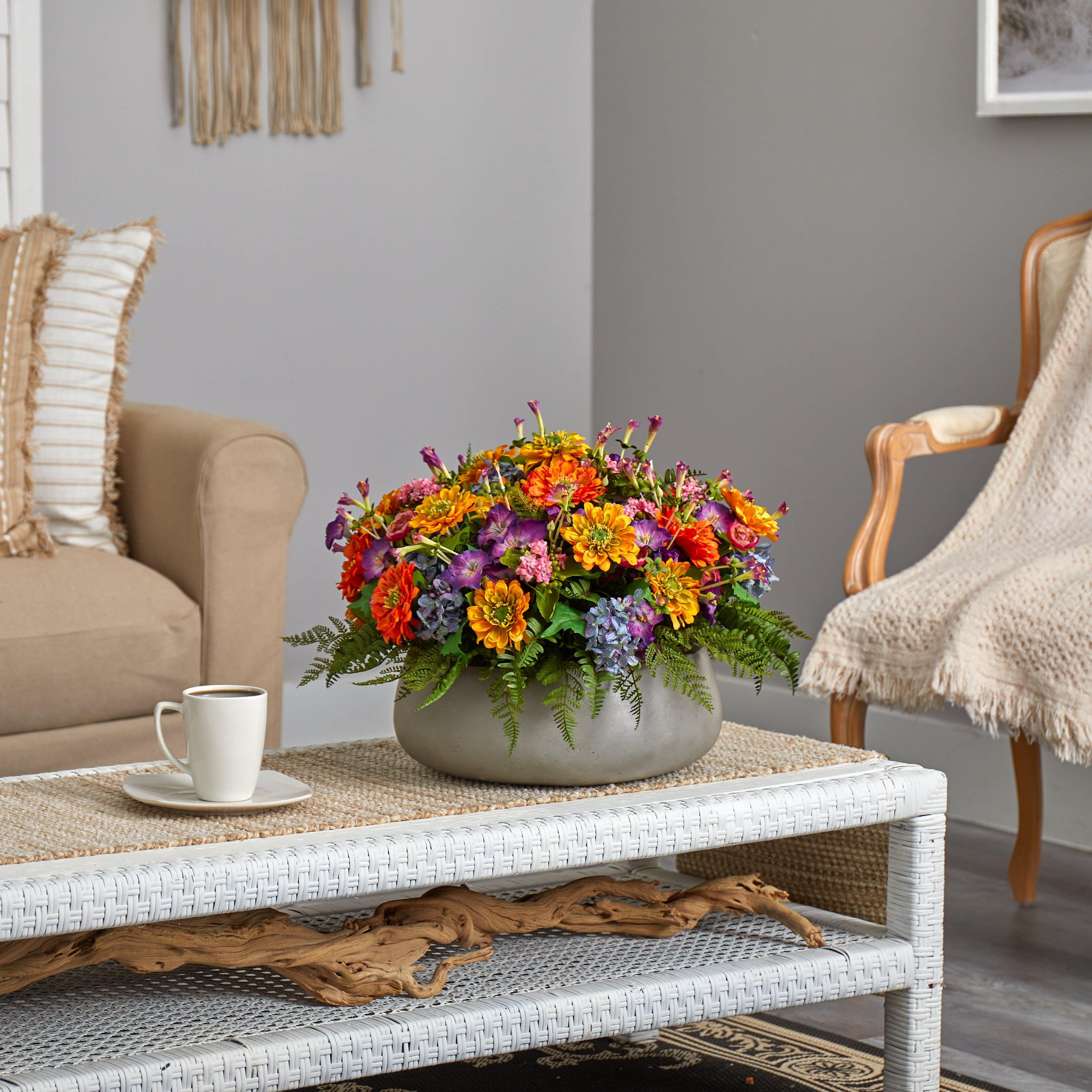 18” Mixed Floral Artificial Plant in Gray Garden Planter