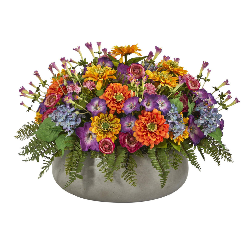 18” Mixed Floral Artificial Plant in Gray Garden Planter