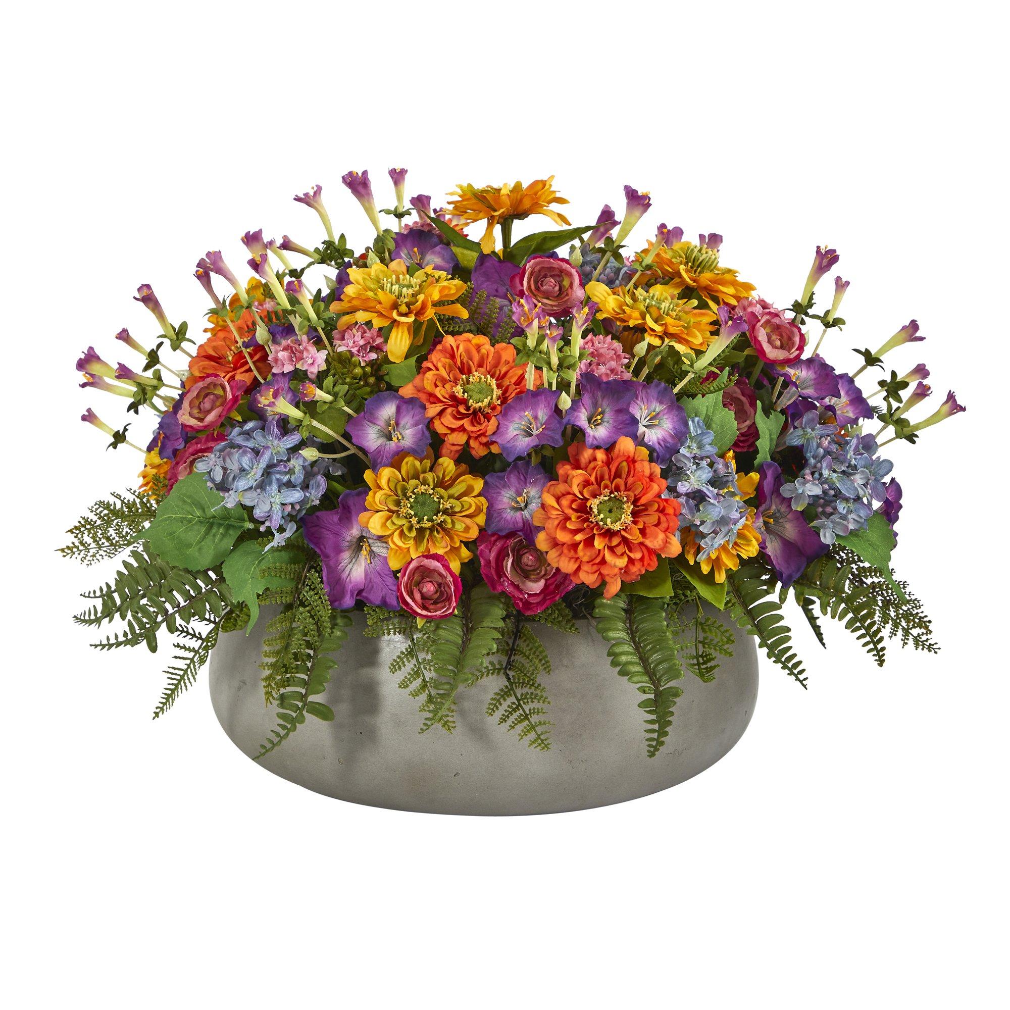 18” Mixed Floral Artificial Plant in Gray Garden Planter