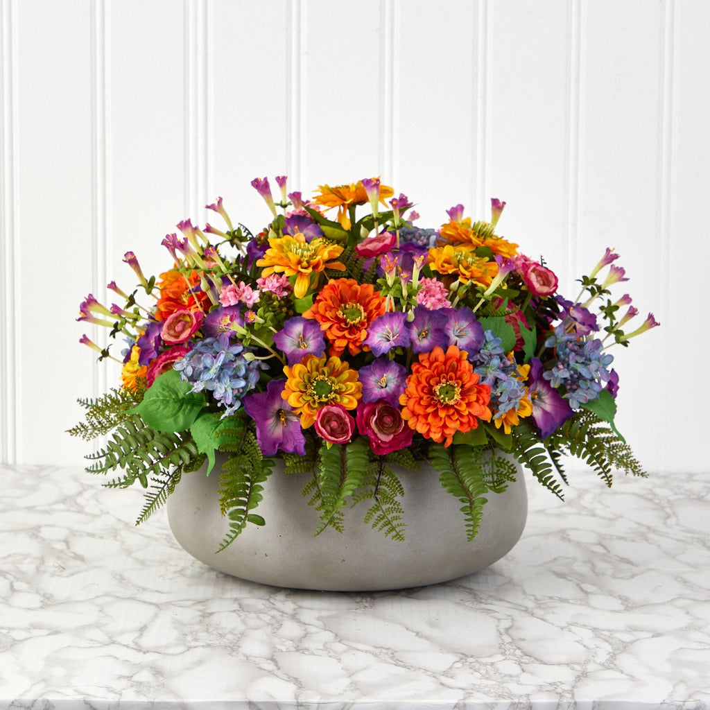 18” Mixed Floral Artificial Plant in Gray Garden Planter