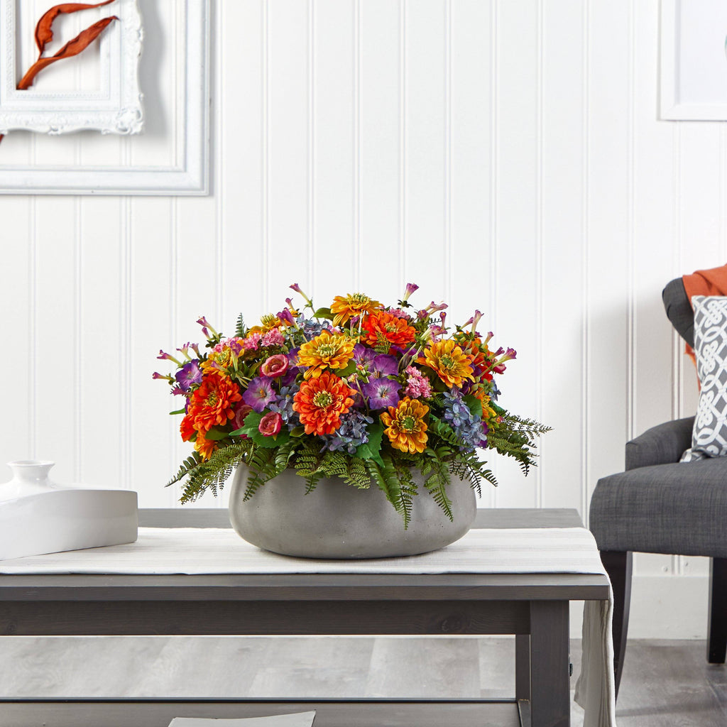 18” Mixed Floral Artificial Plant in Gray Garden Planter