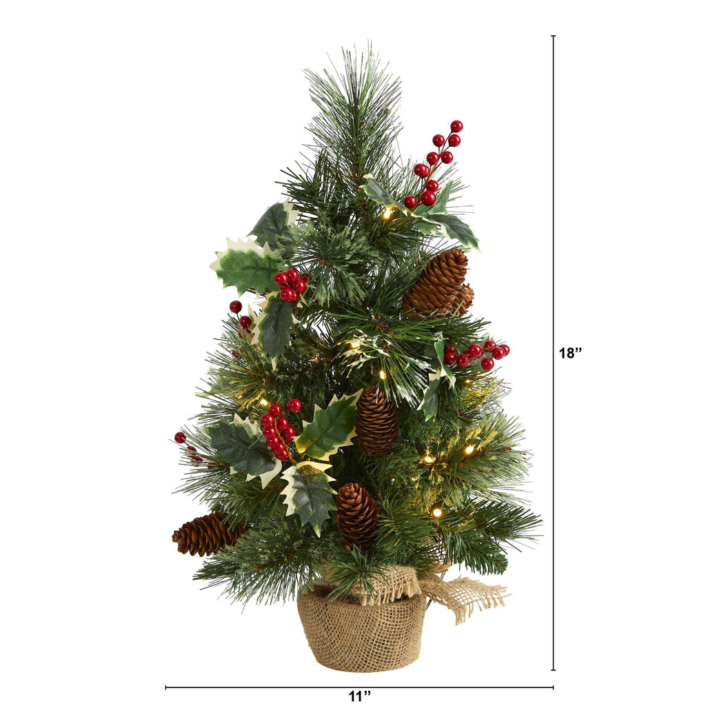 18” Mixed Pine Artificial Christmas Tree with Holly Berries, Pinecones, 35 Clear LED Lights and Burlap Base