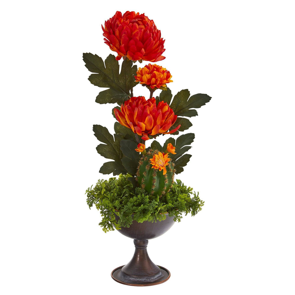 18” Mum and Cactus Artificial Arrangement in Metal Chalice (Set of 2)