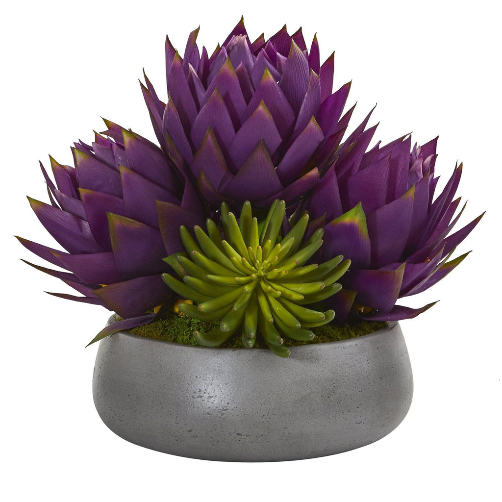 18” Musella and Succulent Arrangement in Gray Garden Vase