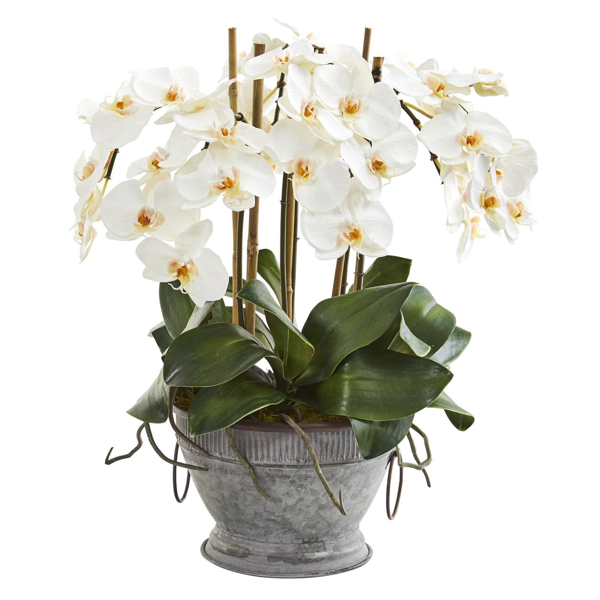 18” Phalaenopsis Orchid Artificial Arrangement in Vintage Bowl with Copper Trimming