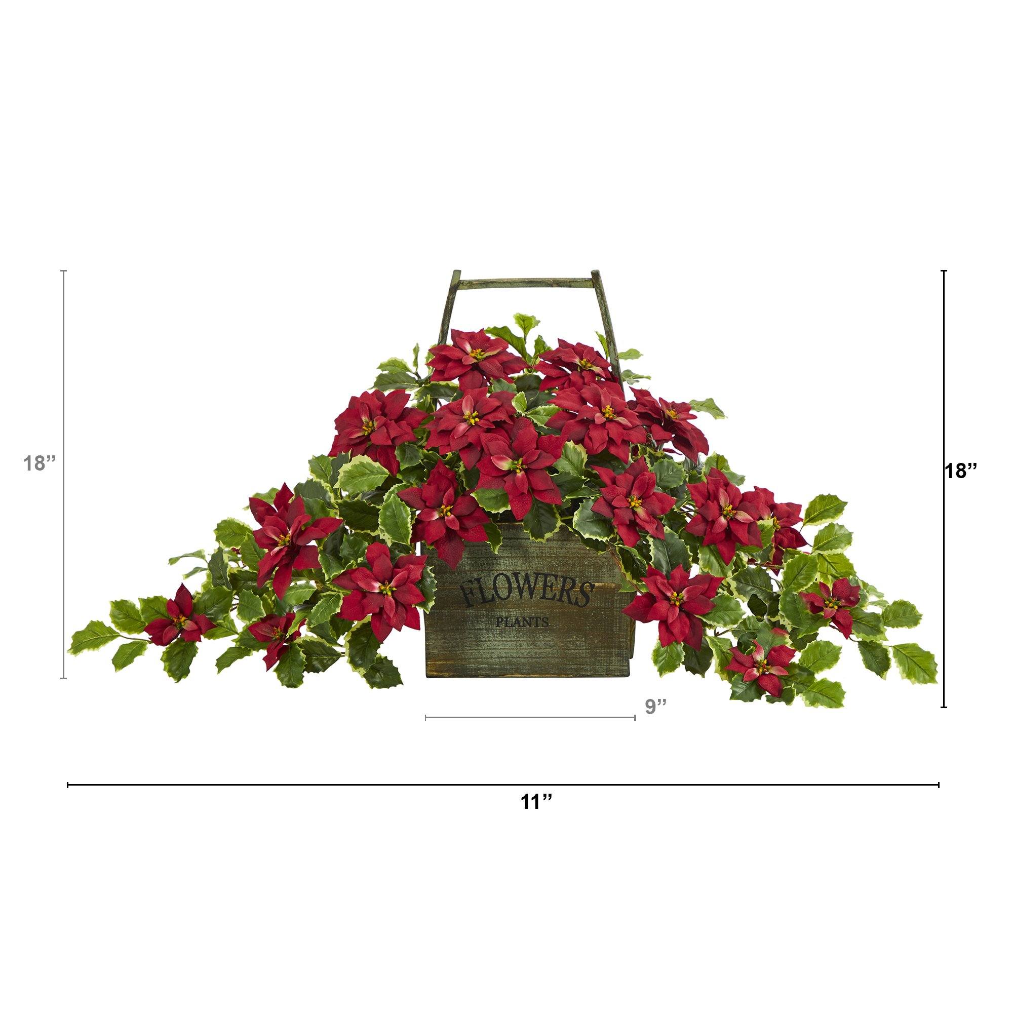 18” Poinsettia and Variegated Holly Artificial Plant in Vintage Decorative Basket (Real Touch)