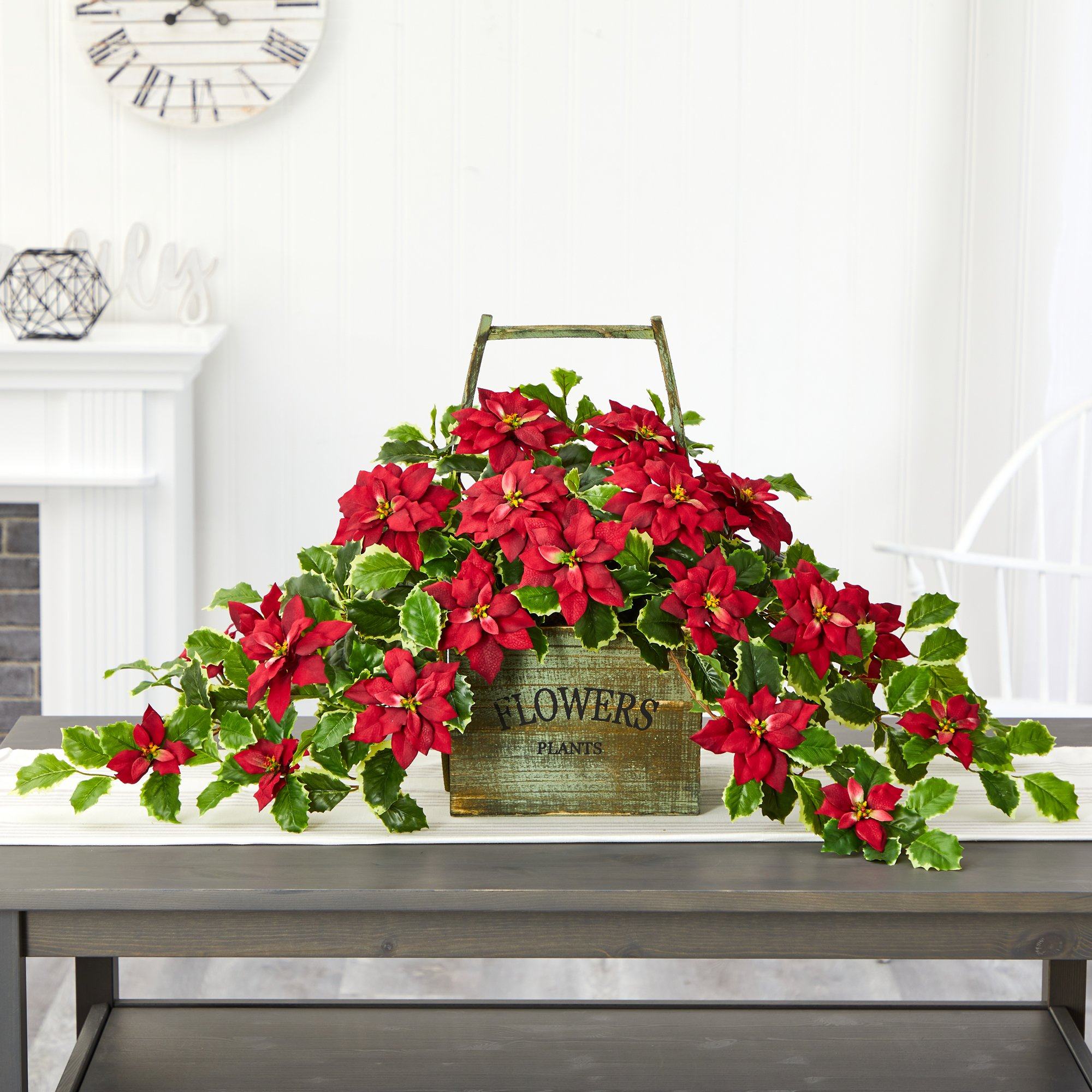 18” Poinsettia and Variegated Holly Artificial Plant in Vintage Decorative Basket (Real Touch)