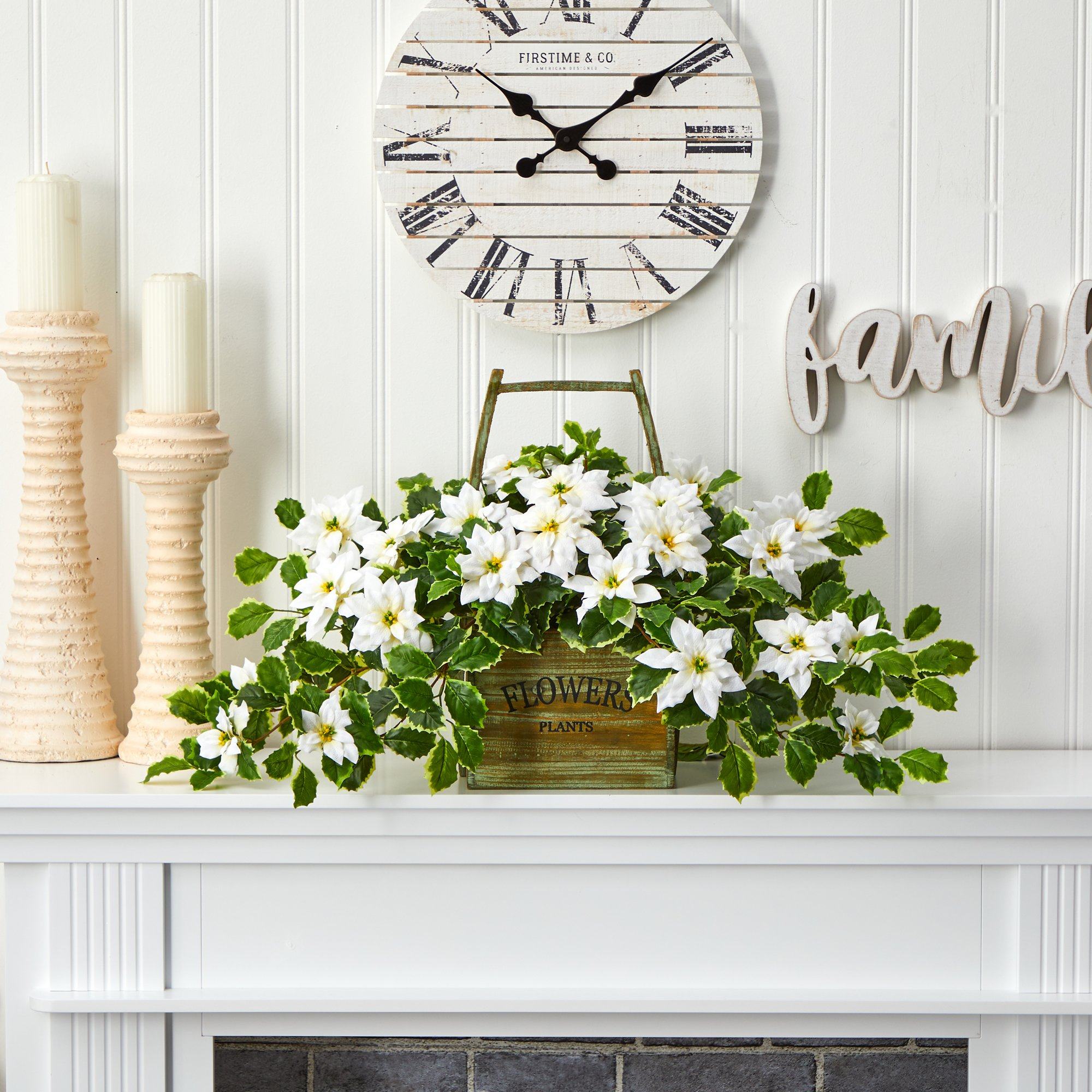 18” Poinsettia and Variegated Holly Artificial Plant in Vintage Decorative Basket (Real Touch)