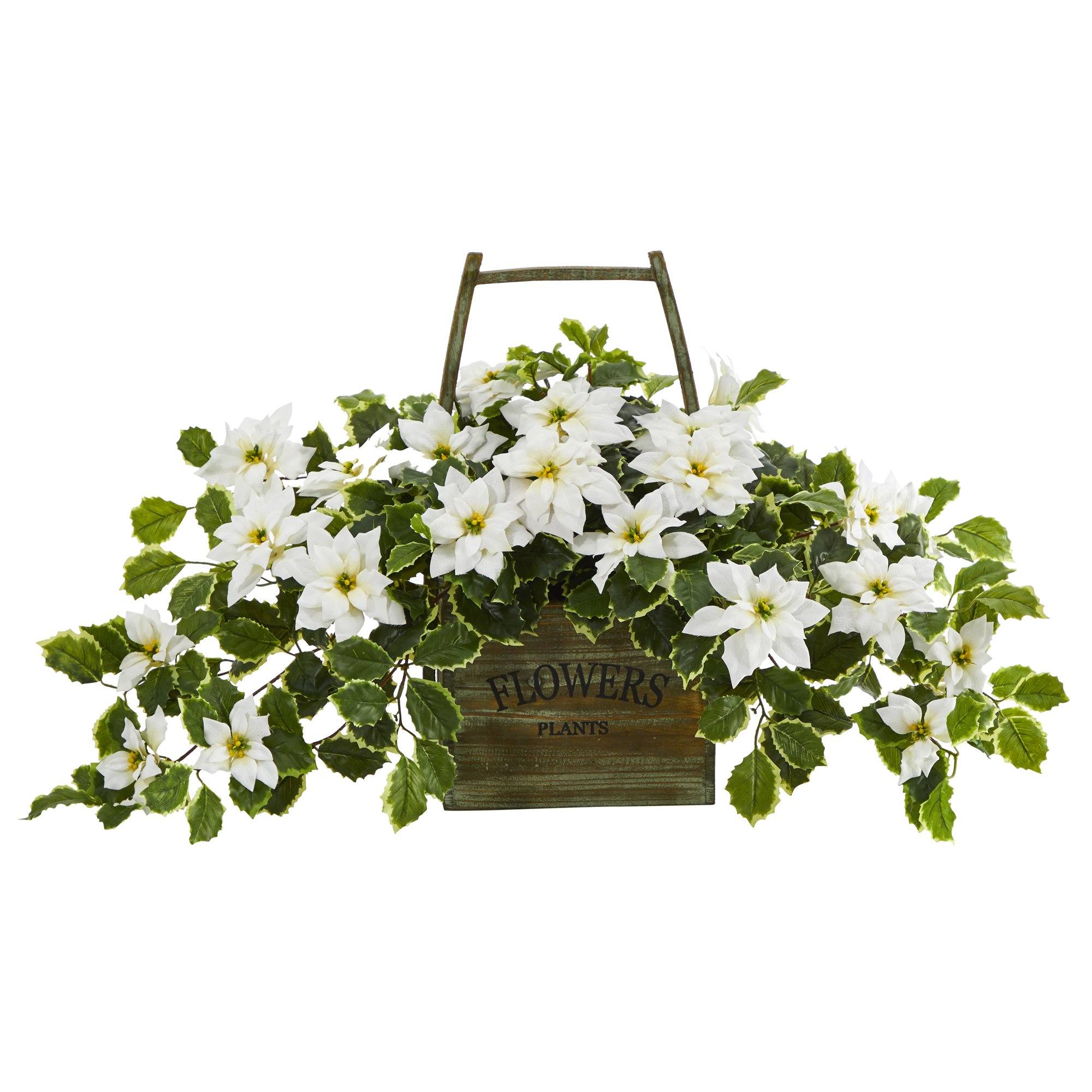 18” Poinsettia and Variegated Holly Artificial Plant in Vintage Decorative Basket (Real Touch)